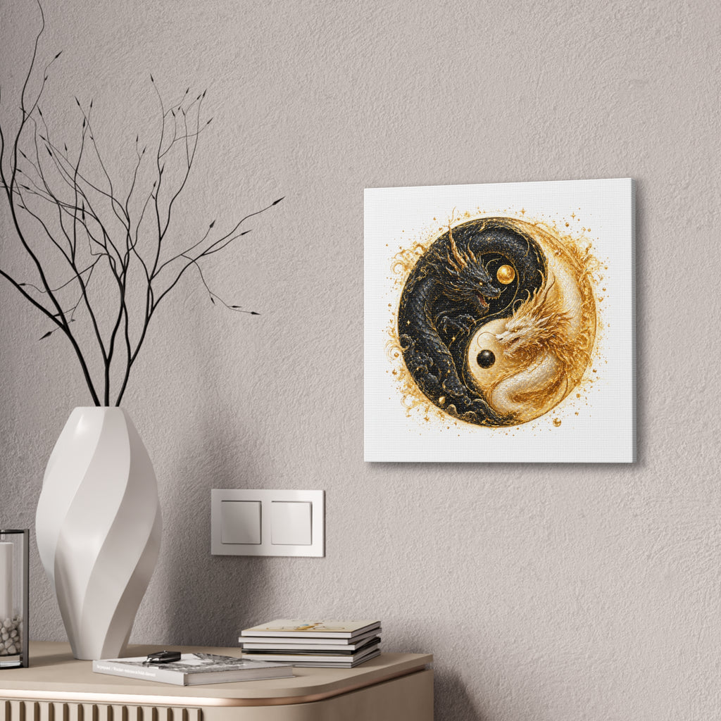 Yin Yang Dragon Canvas Print — Gold & Black Fantasy Wall Art