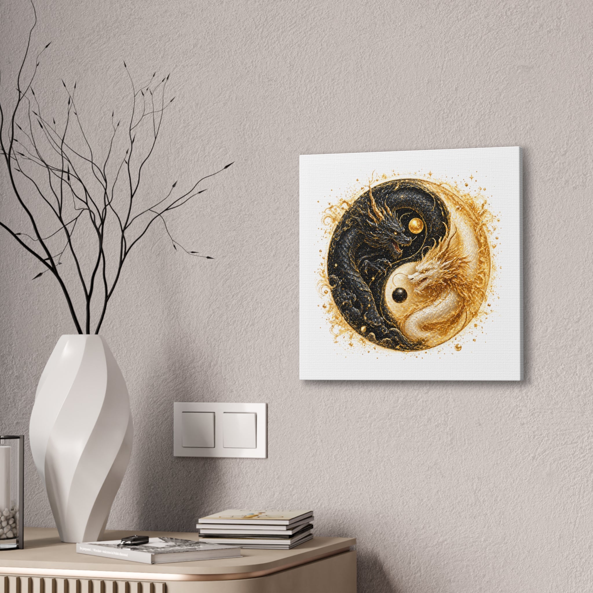 Yin Yang Dragon Canvas Print — Gold & Black Fantasy Wall Art
