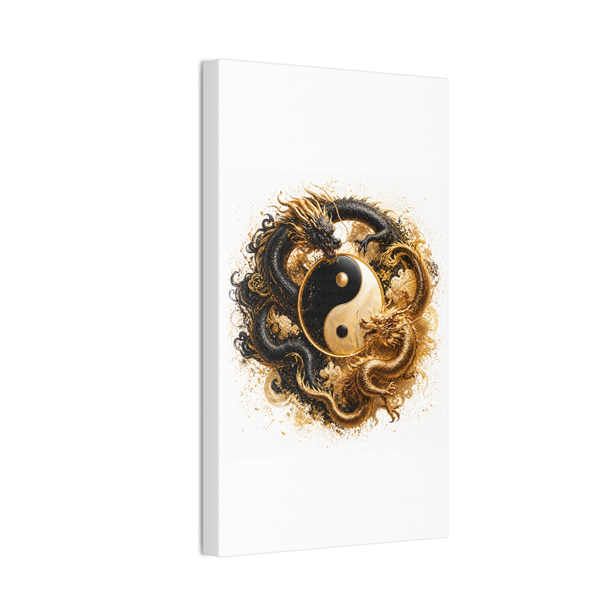 Yin Yang Dragons Canvas Wall Art — Gold & Black Chinese Dragon Print
