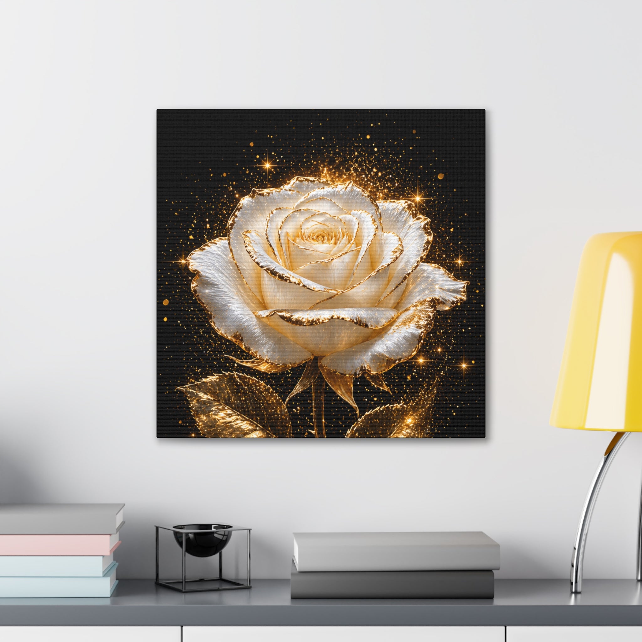 Golden Sparkle Rose Canvas Print — Glam Floral Wall Art