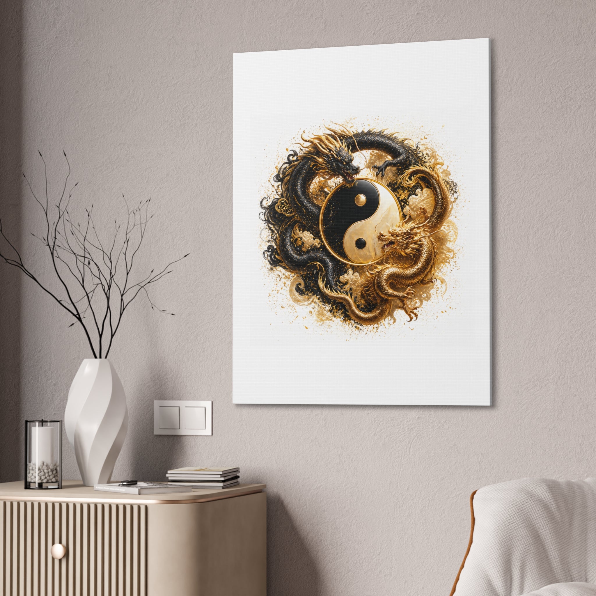 Yin Yang Dragons Canvas Wall Art — Gold & Black Chinese Dragon Print