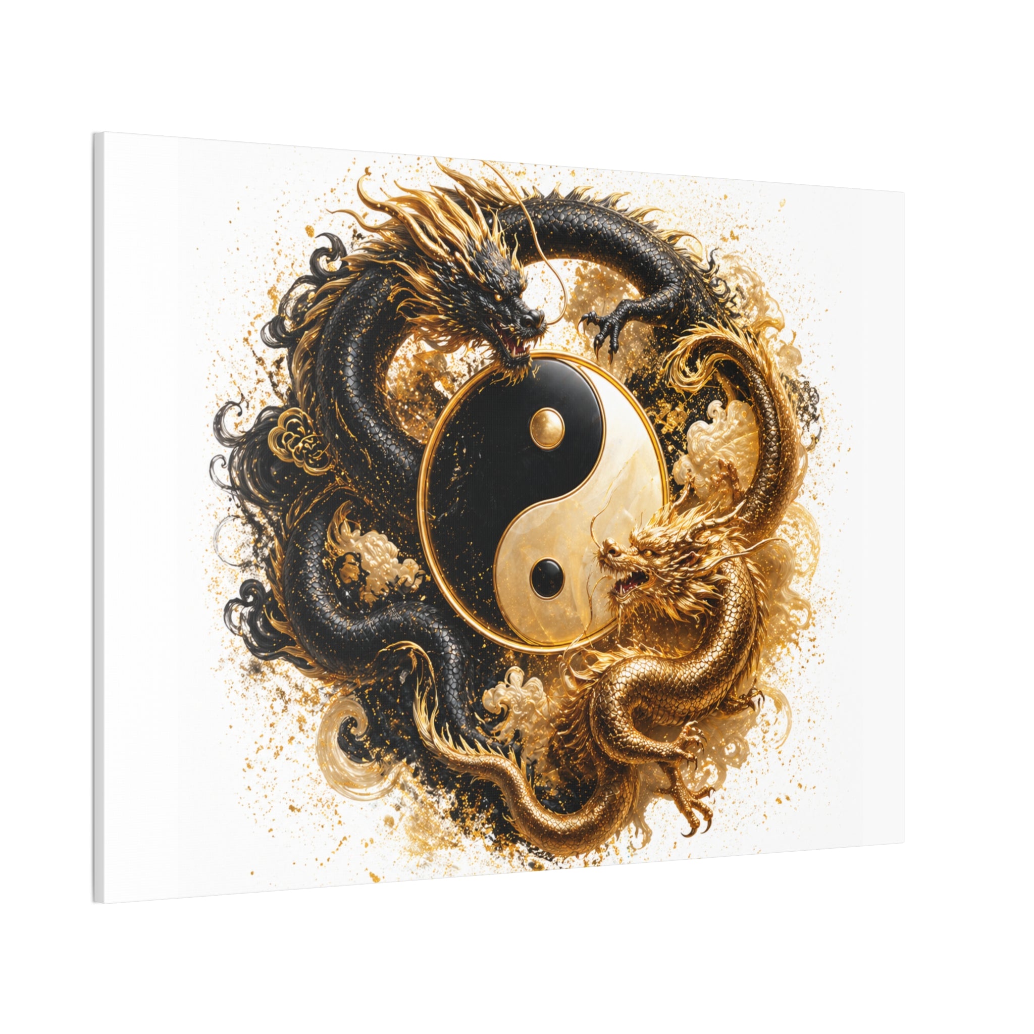 Yin Yang Dragons Canvas Wall Art — Gold & Black Chinese Dragon Print