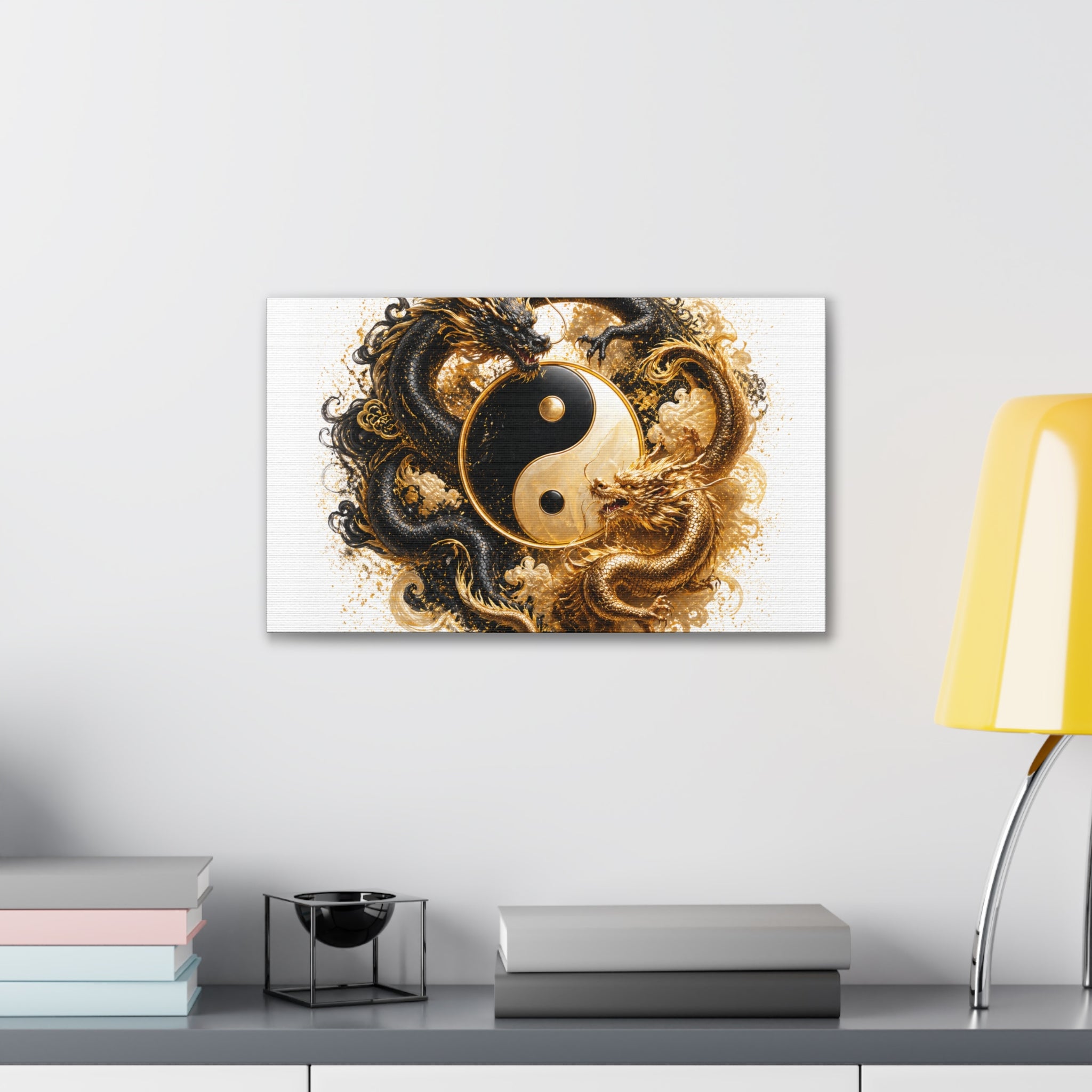 Yin Yang Dragons Canvas Wall Art — Gold & Black Chinese Dragon Print