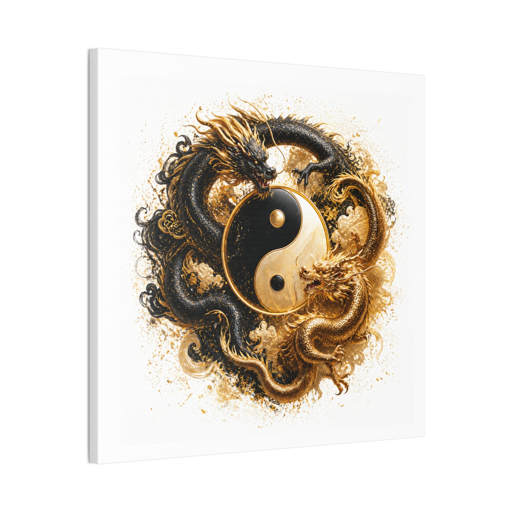 Yin Yang Dragons Canvas Wall Art — Gold & Black Chinese Dragon Print