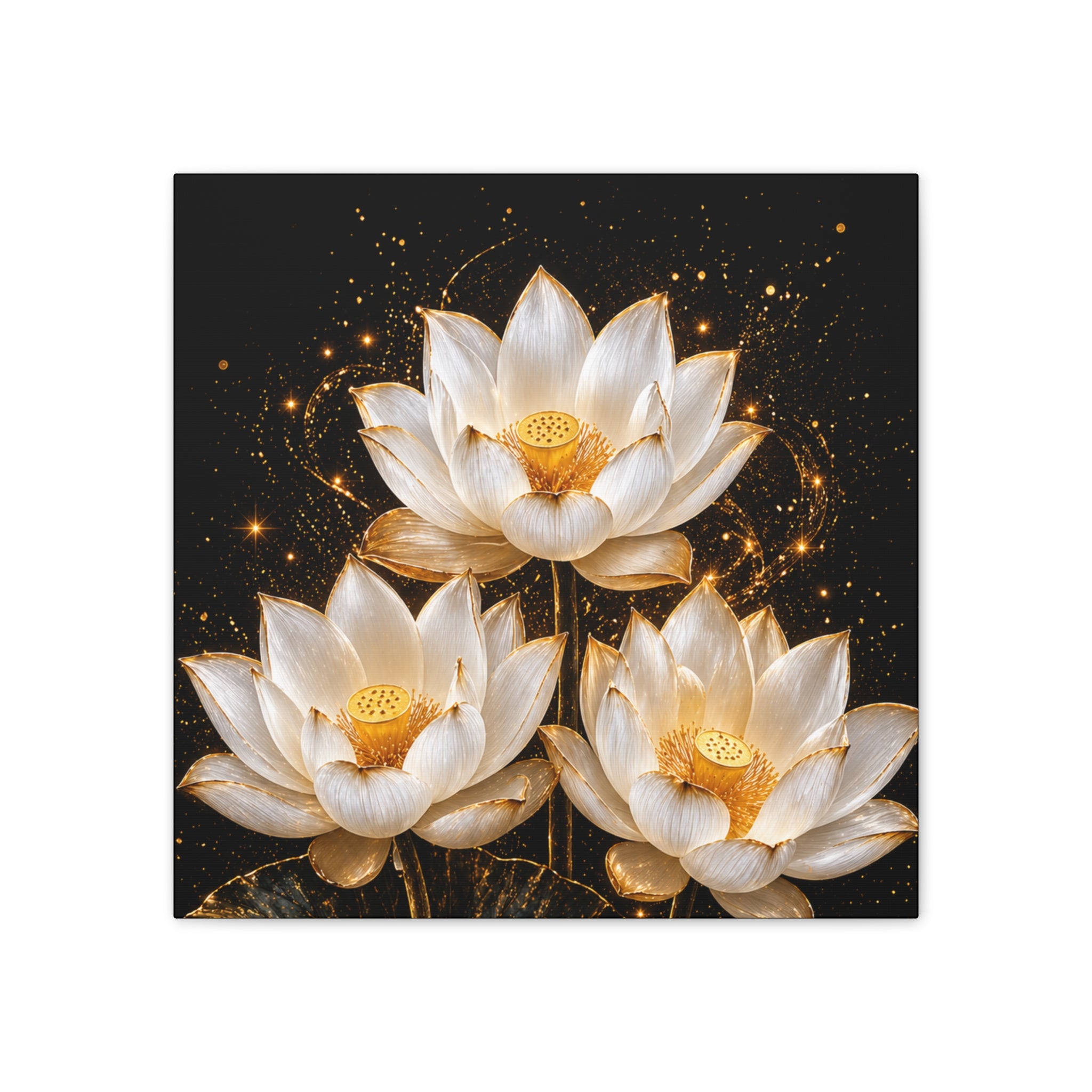 Gold and White Triple Lotus Floral Canvas Wall Art - Stretched 0.75"
