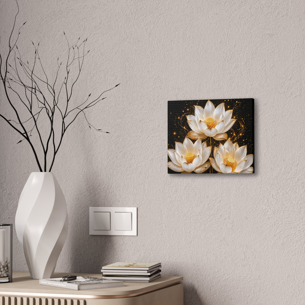 Gold and White Triple Lotus Floral Canvas Wall Art - Stretched 0.75"