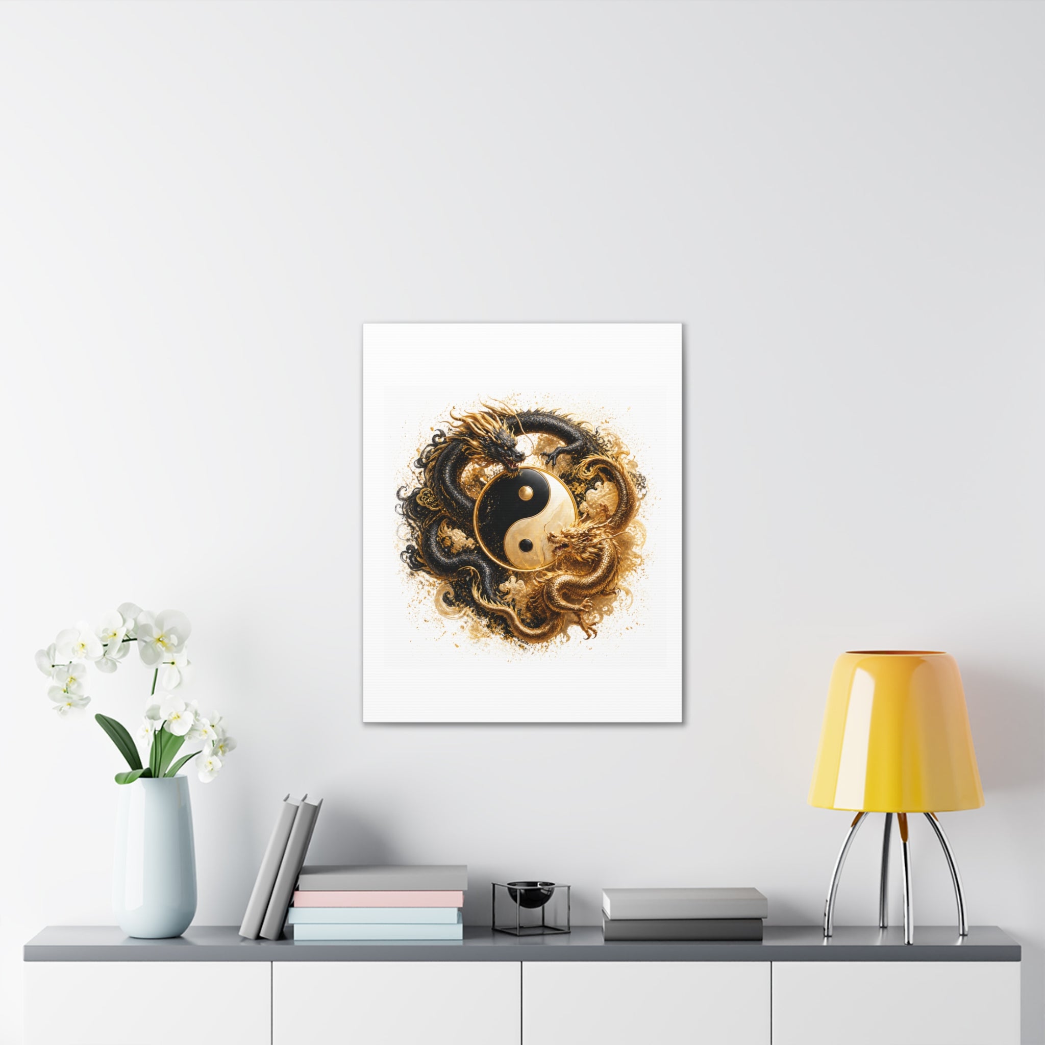 Yin Yang Dragons Canvas Wall Art — Gold & Black Chinese Dragon Print