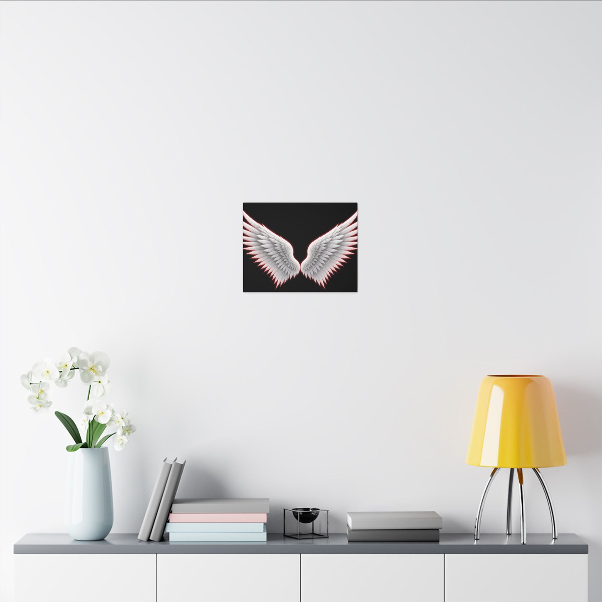 Angel Wings Wall Art Canvas — White Feather Wings on Black Matte Stretched Canvas