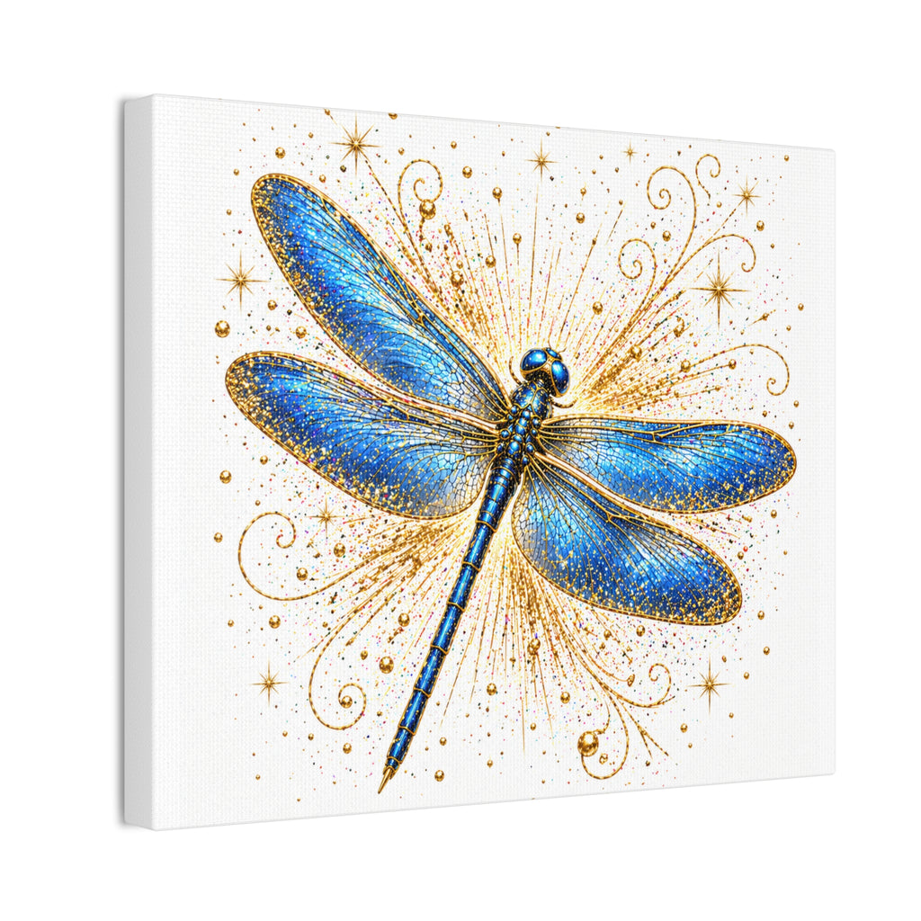 Blue Dragonfly Canvas Wall Art - Sparkling Gold Accents, Stretched 0.75"