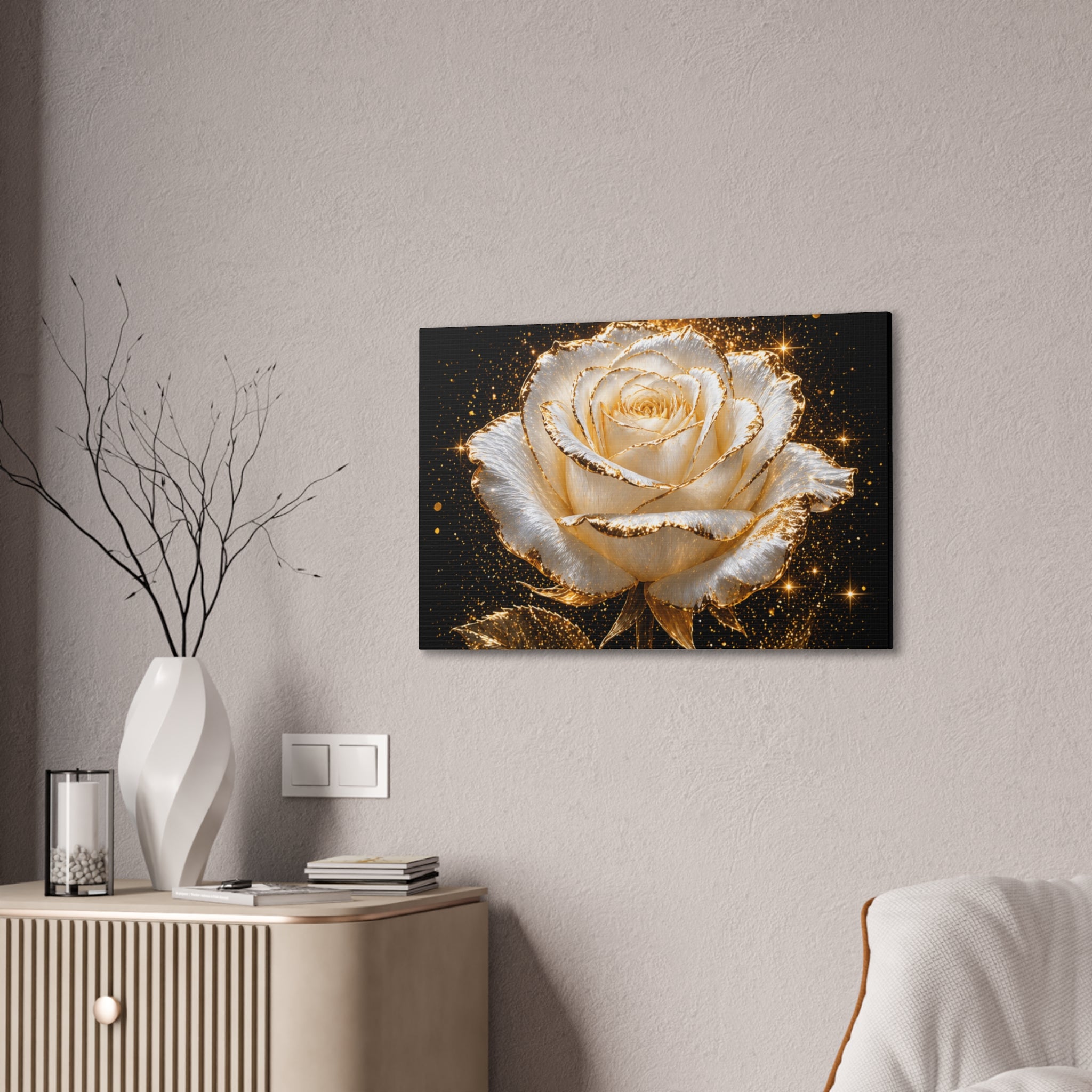 Golden Sparkle Rose Canvas Print — Glam Floral Wall Art