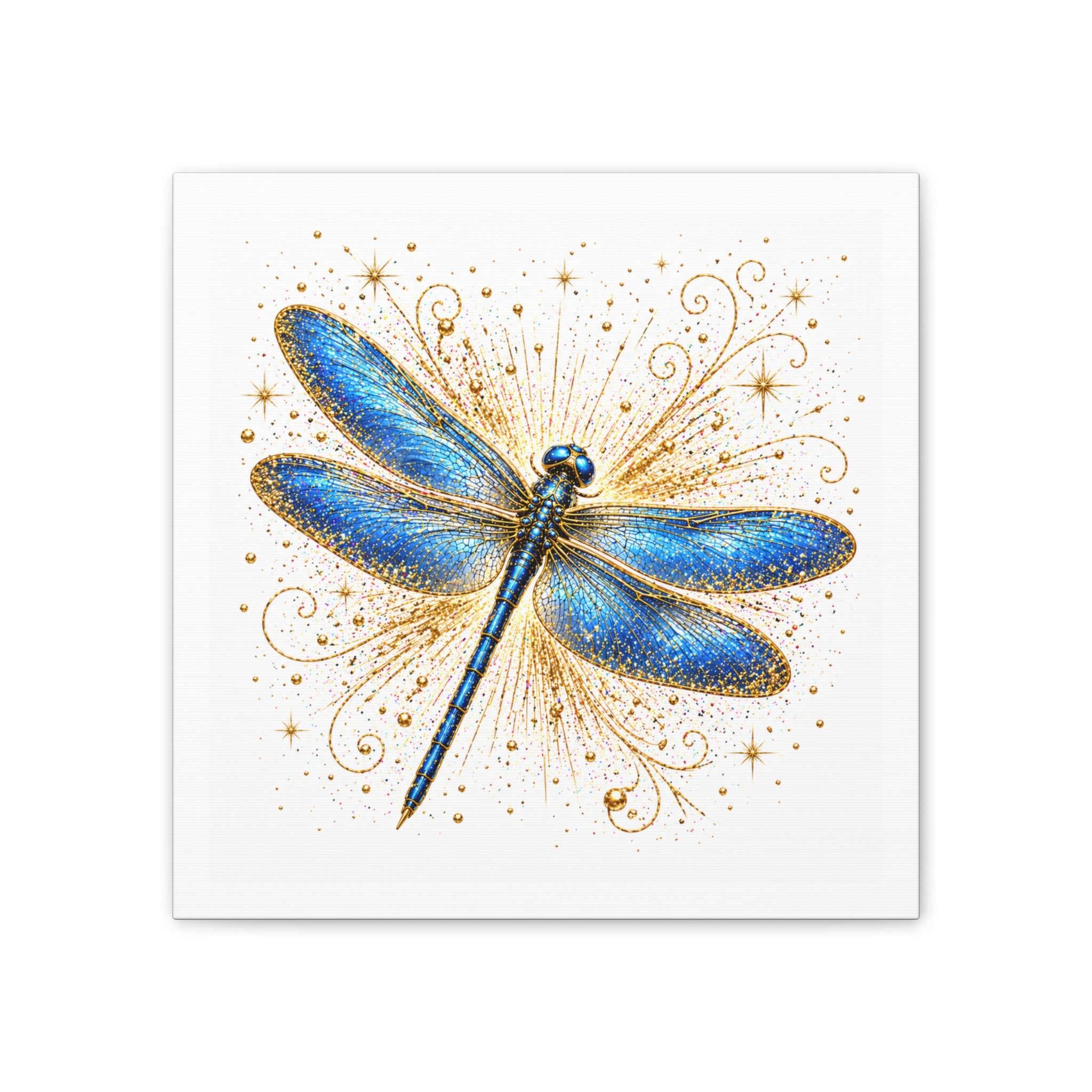 Blue Dragonfly Canvas Wall Art - Sparkling Gold Accents, Stretched 0.75"