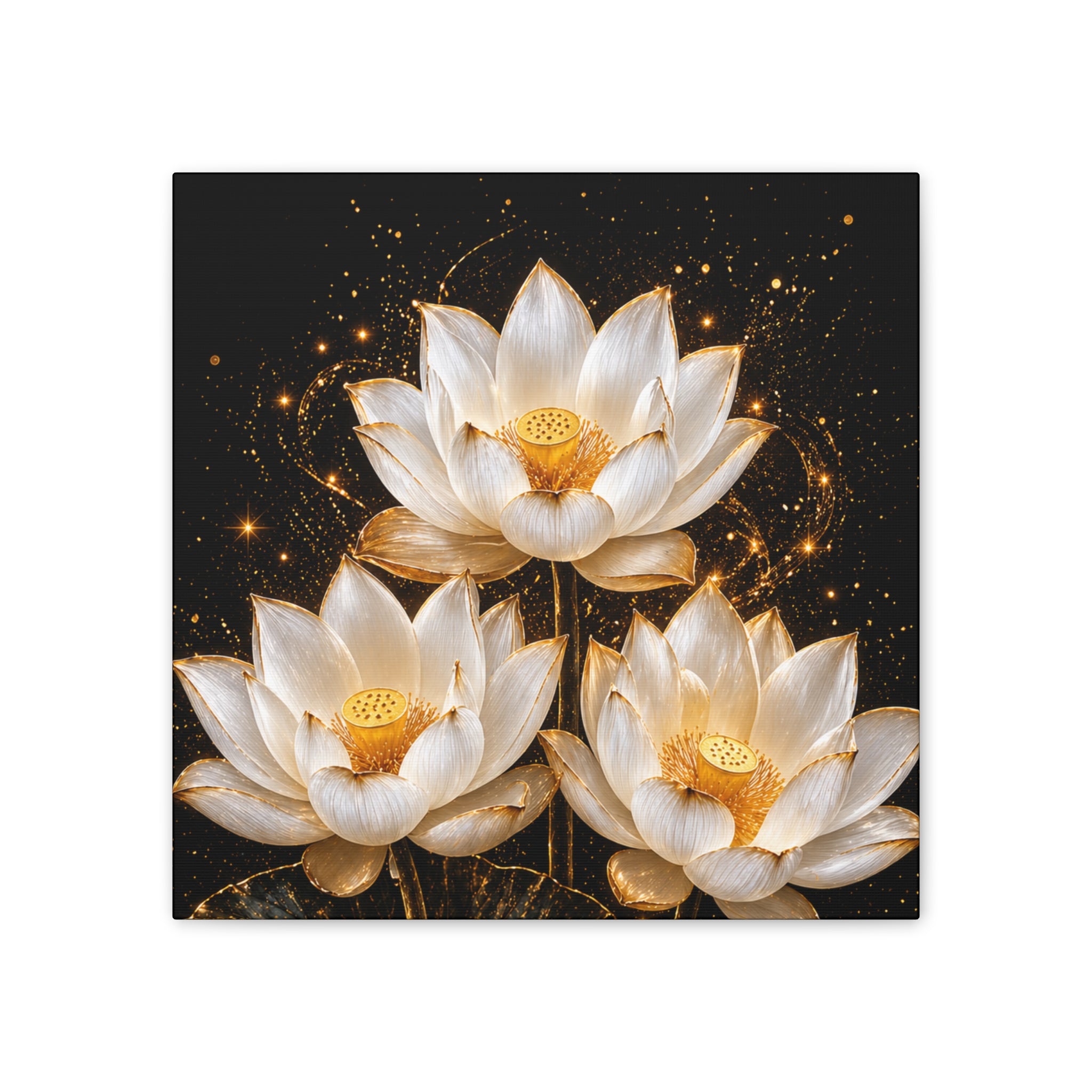 Gold and White Triple Lotus Floral Canvas Wall Art - Stretched 0.75"