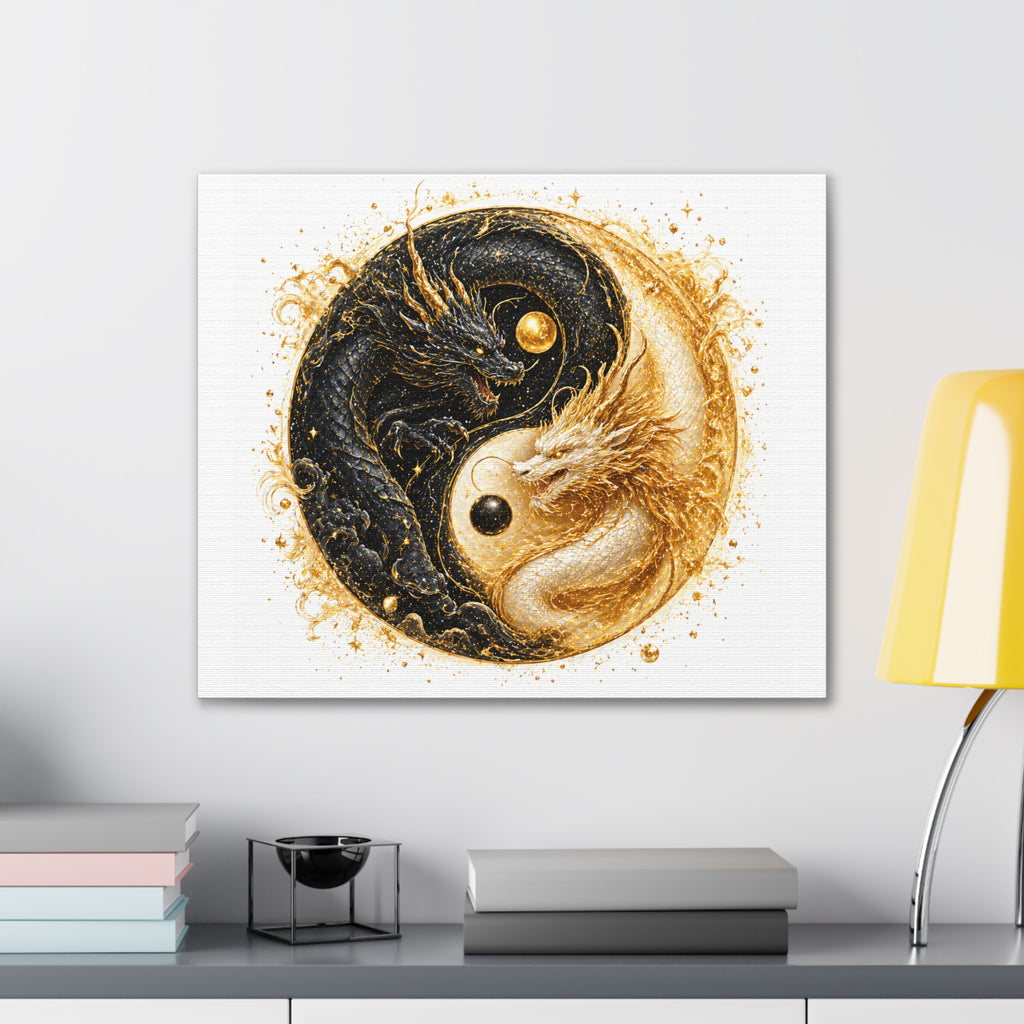 Yin Yang Dragon Canvas Print — Gold & Black Fantasy Wall Art