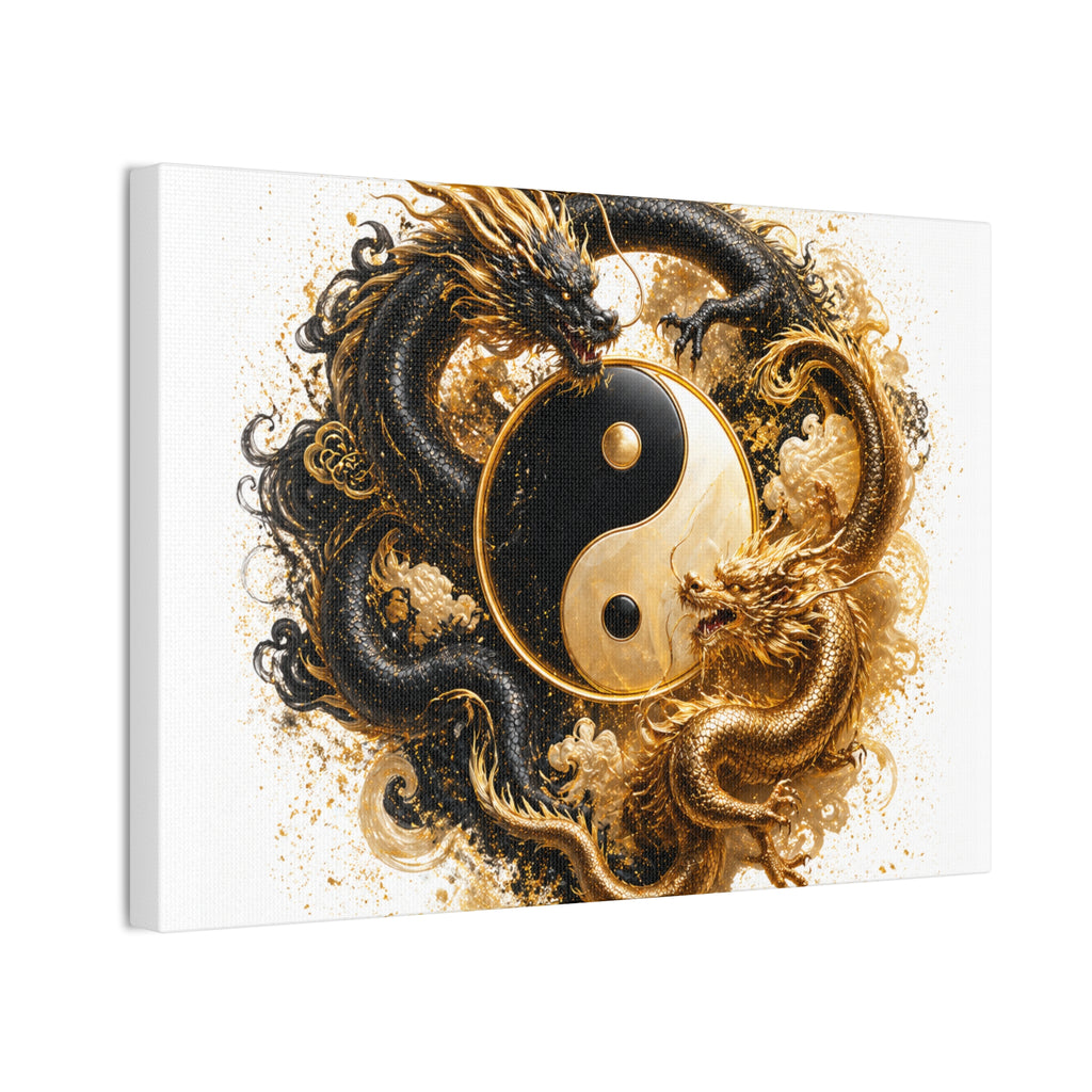 Yin Yang Dragons Canvas Wall Art — Gold & Black Chinese Dragon Print