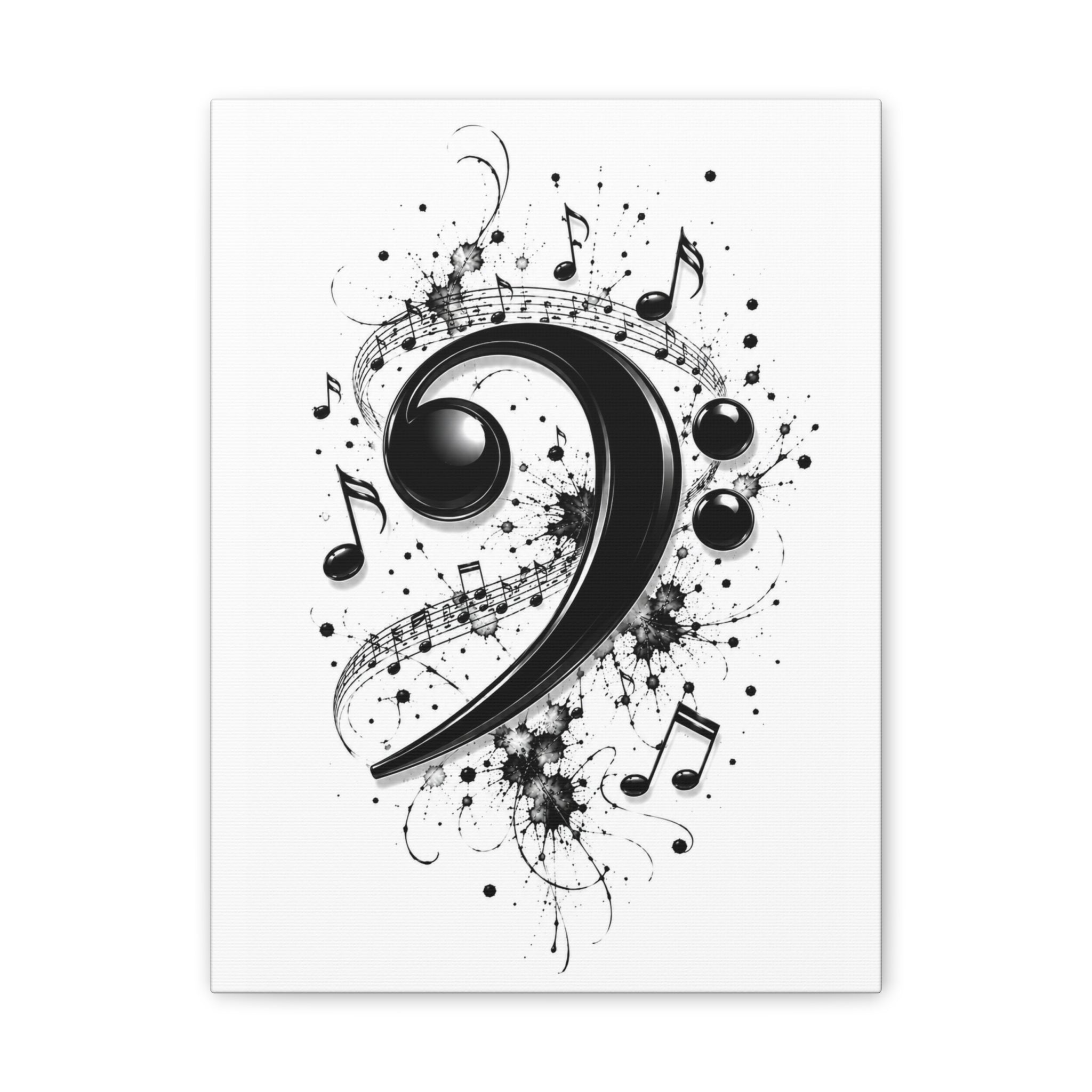 Bass Clef Music Canvas Wall Art — Black & White Musical Notes Print