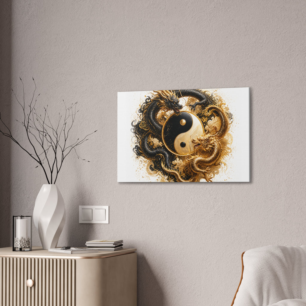 Yin Yang Dragons Canvas Wall Art — Gold & Black Chinese Dragon Print