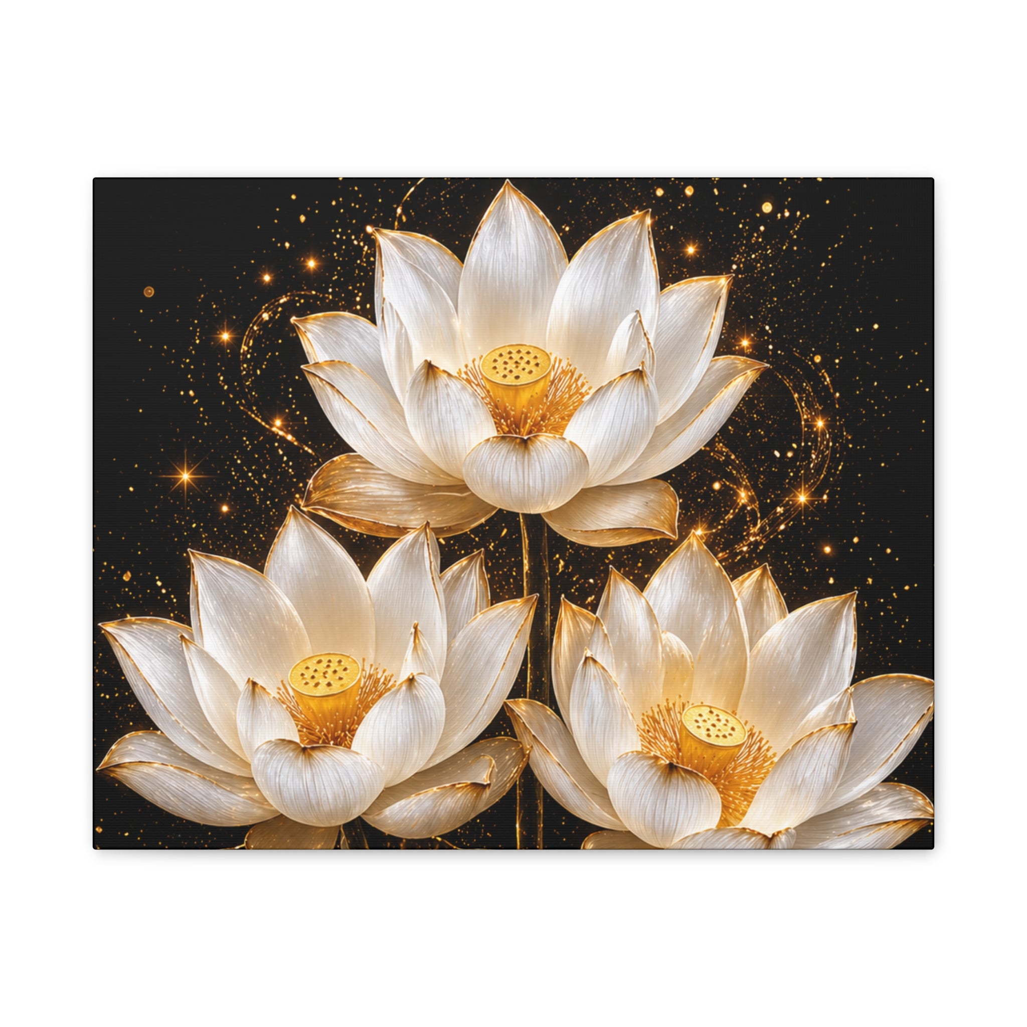 Gold and White Triple Lotus Floral Canvas Wall Art - Stretched 0.75"