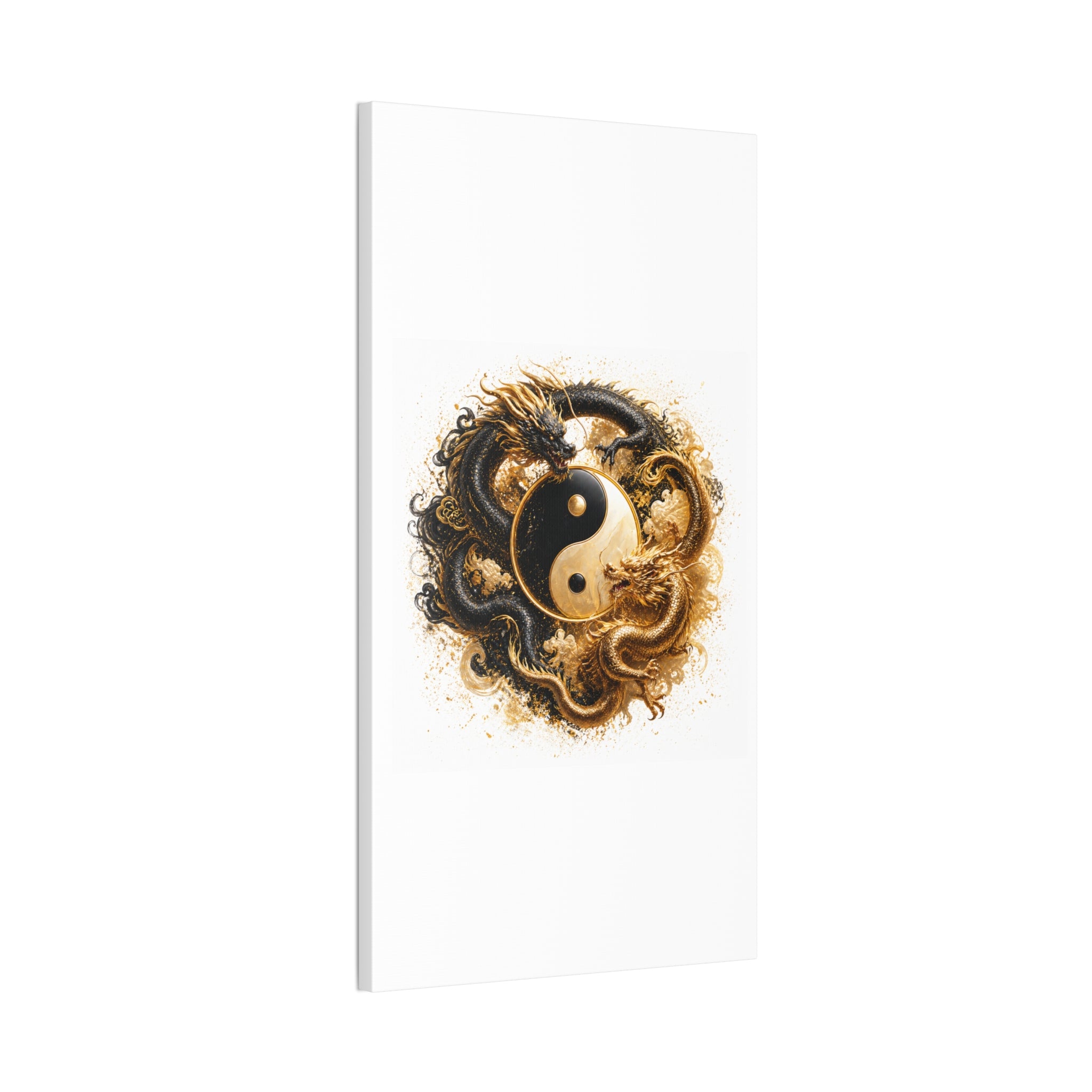 Yin Yang Dragons Canvas Wall Art — Gold & Black Chinese Dragon Print