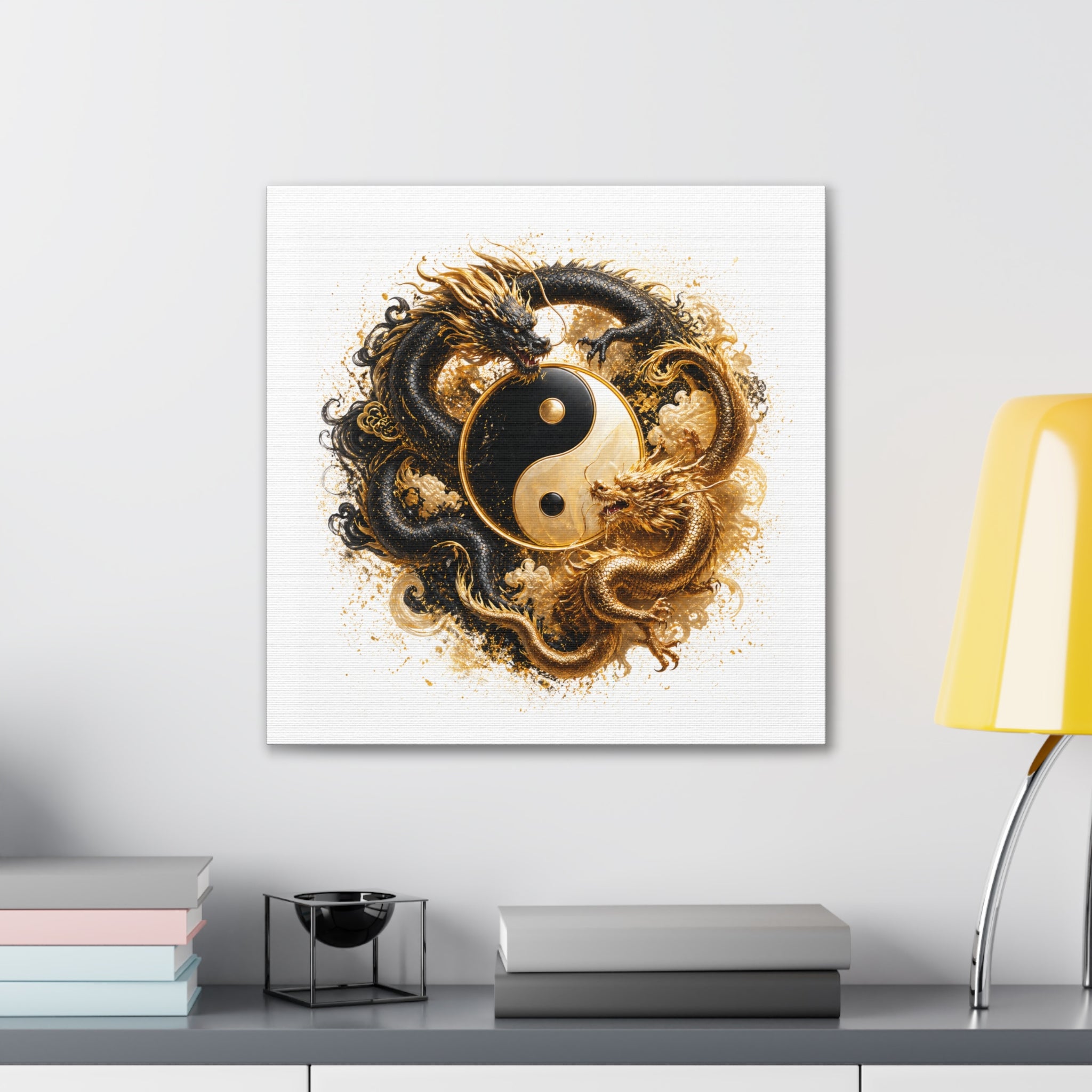 Yin Yang Dragons Canvas Wall Art — Gold & Black Chinese Dragon Print