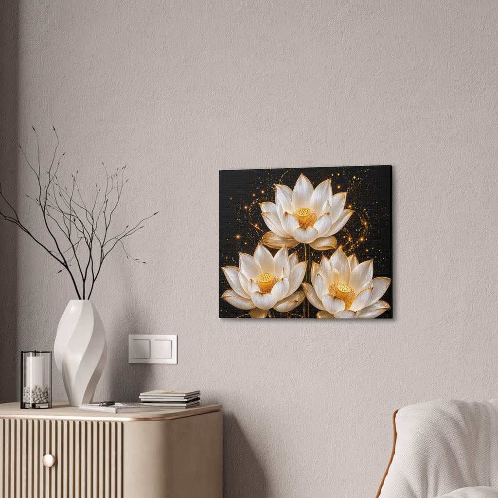Gold and White Triple Lotus Floral Canvas Wall Art - Stretched 0.75"