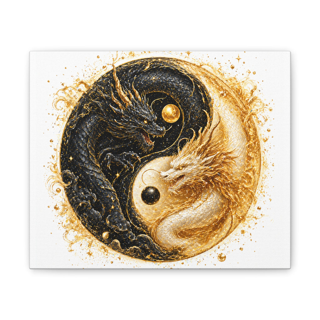 Yin Yang Dragon Canvas Print — Gold & Black Fantasy Wall Art