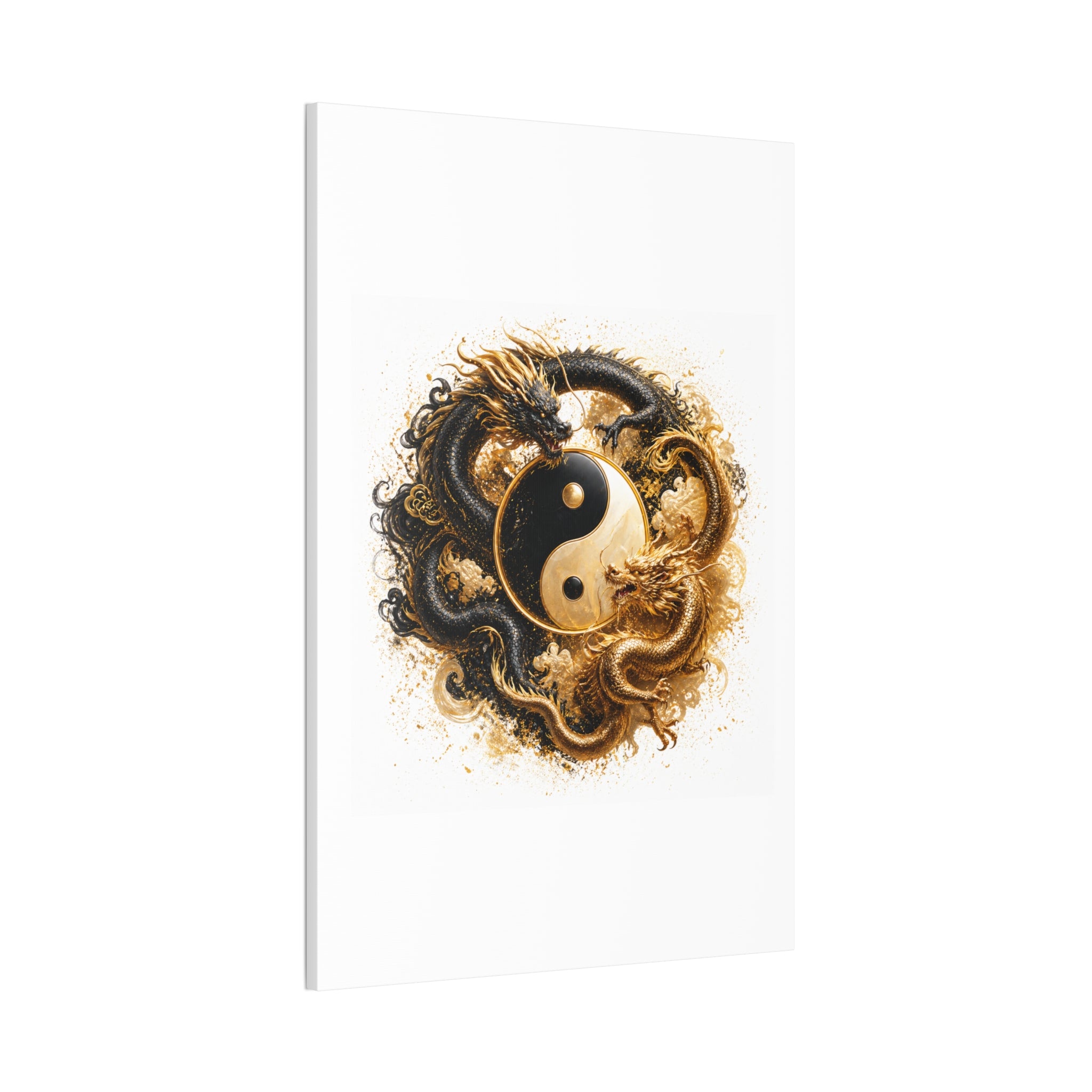 Yin Yang Dragons Canvas Wall Art — Gold & Black Chinese Dragon Print