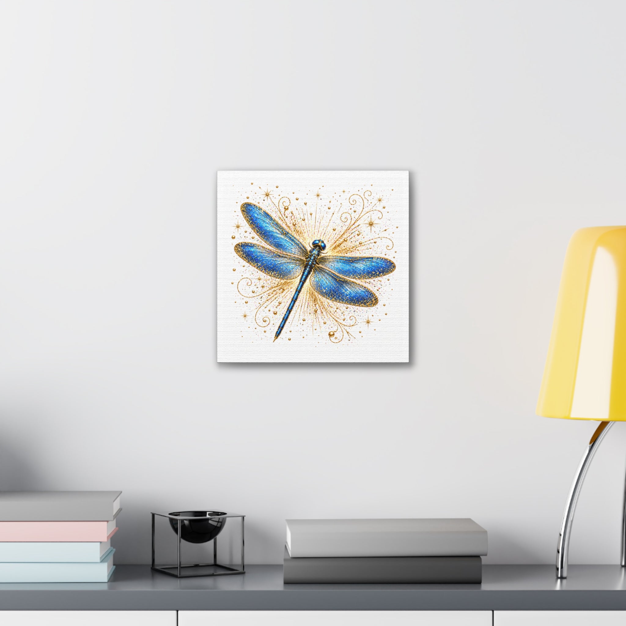 Blue Dragonfly Canvas Wall Art - Sparkling Gold Accents, Stretched 0.75"