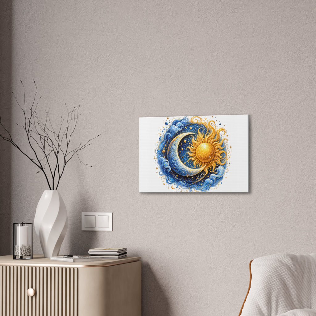 Sun and Moon Wall Art Canvas — Celestial Sun & Crescent Moon Stretched Canvas