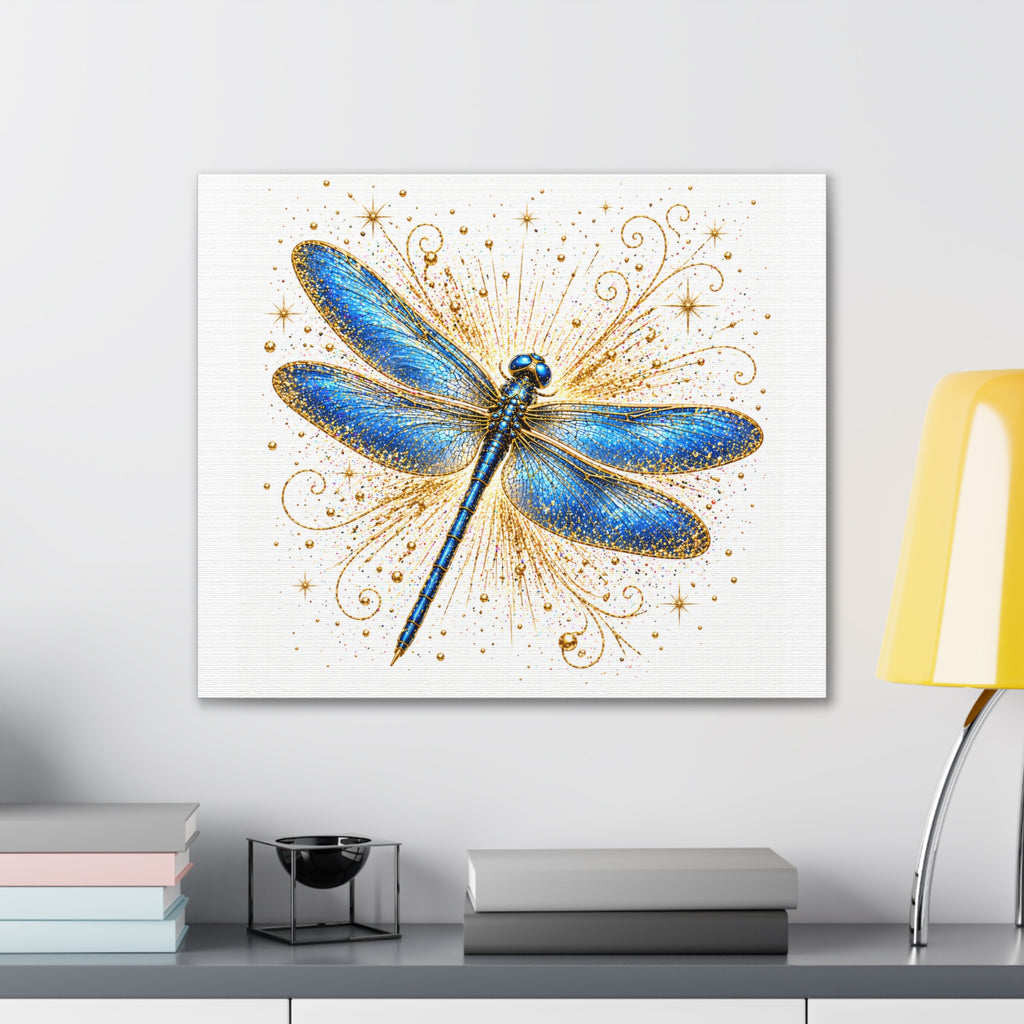Blue Dragonfly Canvas Wall Art - Sparkling Gold Accents, Stretched 0.75"