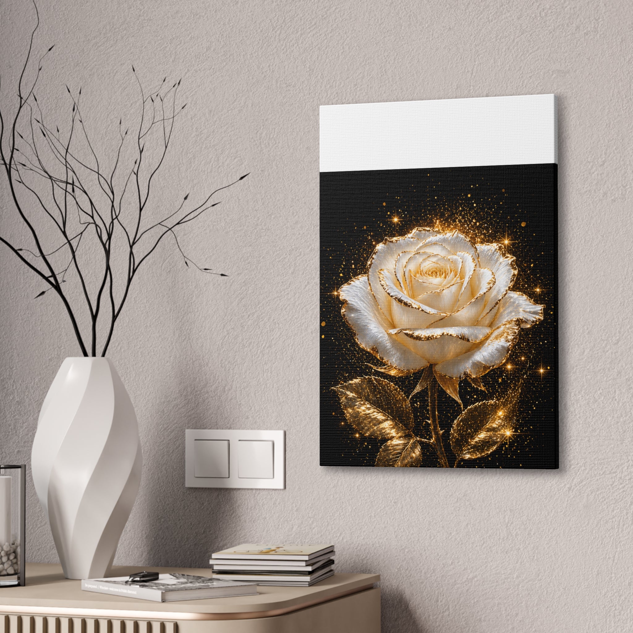 Golden Sparkle Rose Canvas Print — Glam Floral Wall Art