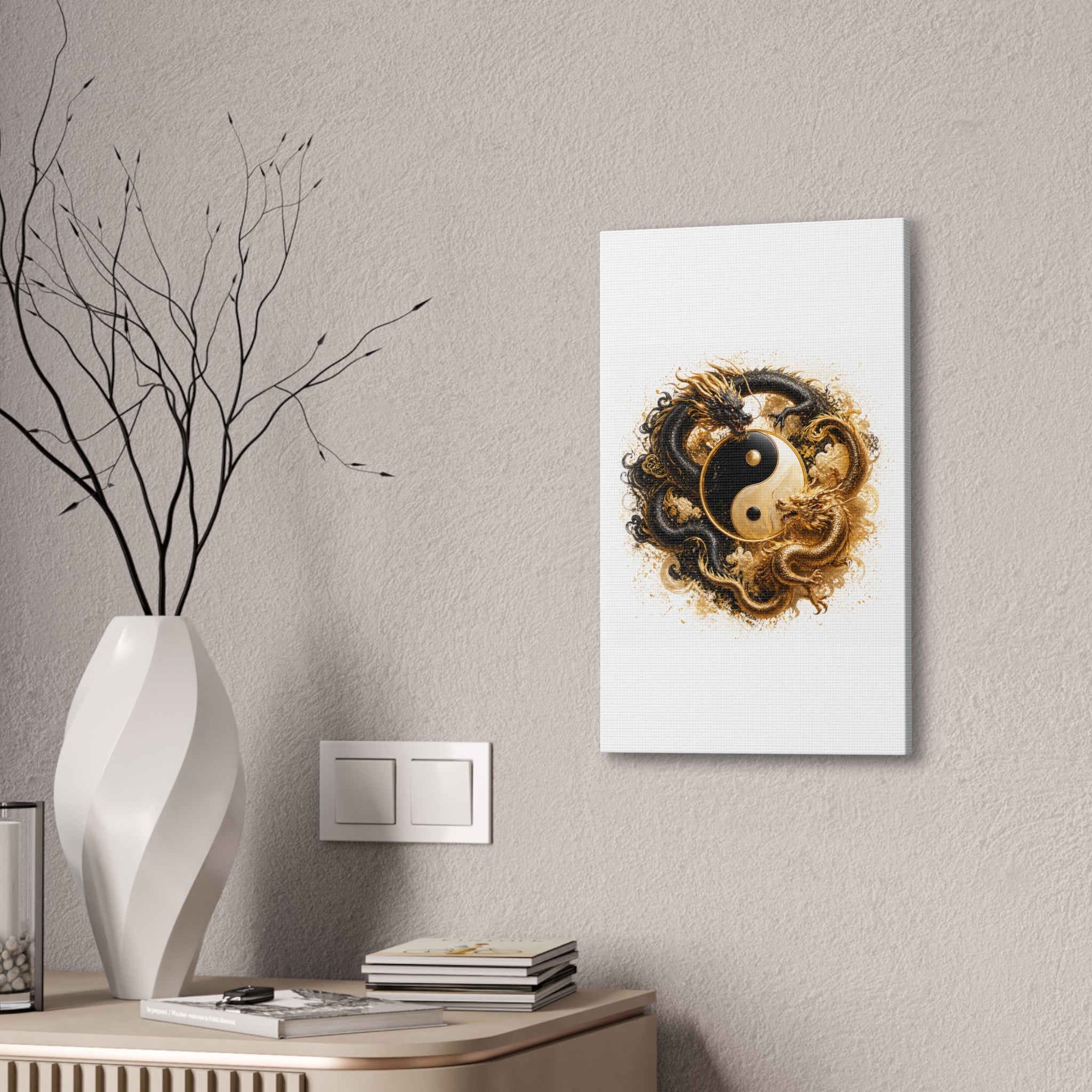 Yin Yang Dragons Canvas Wall Art — Gold & Black Chinese Dragon Print