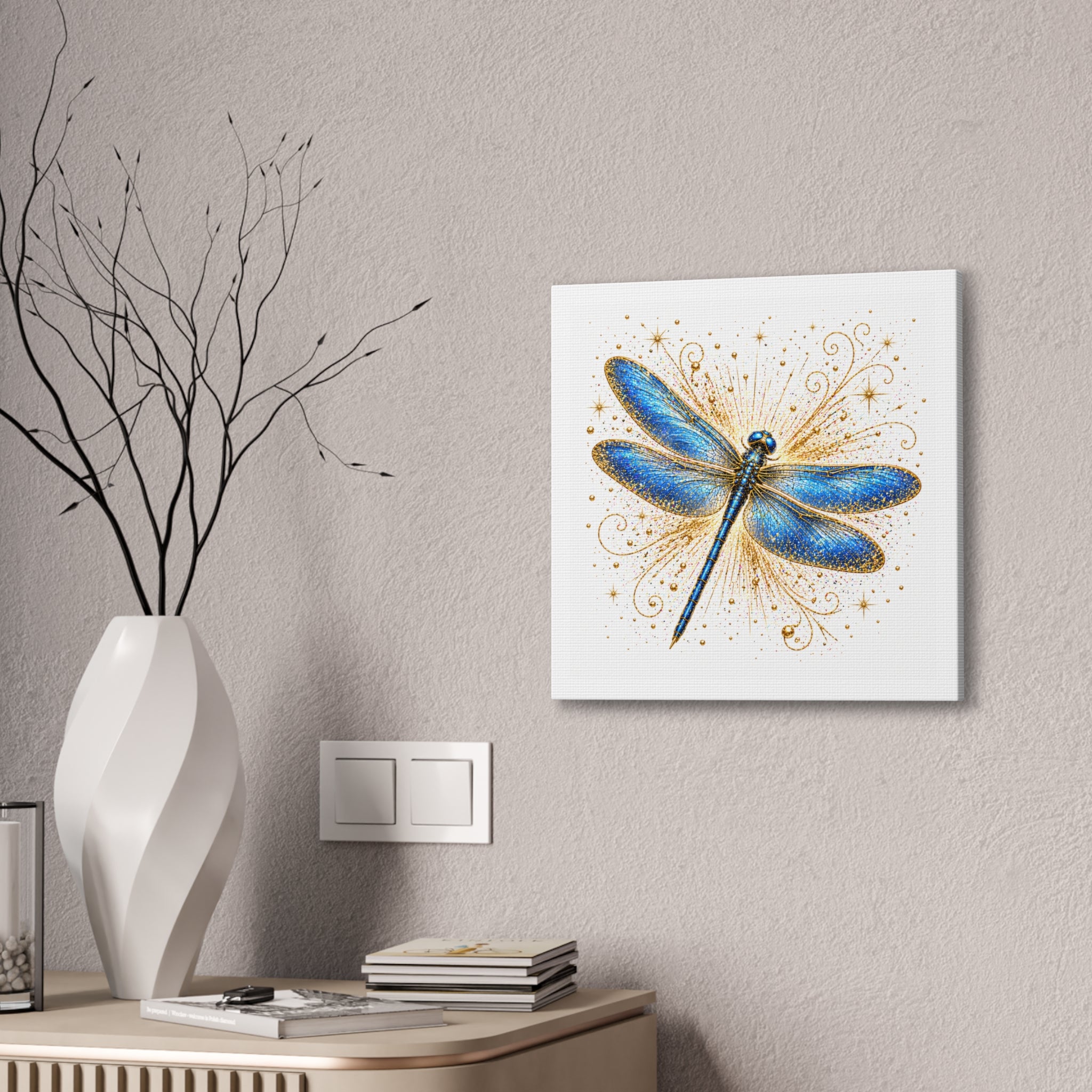 Blue Dragonfly Canvas Wall Art - Sparkling Gold Accents, Stretched 0.75"