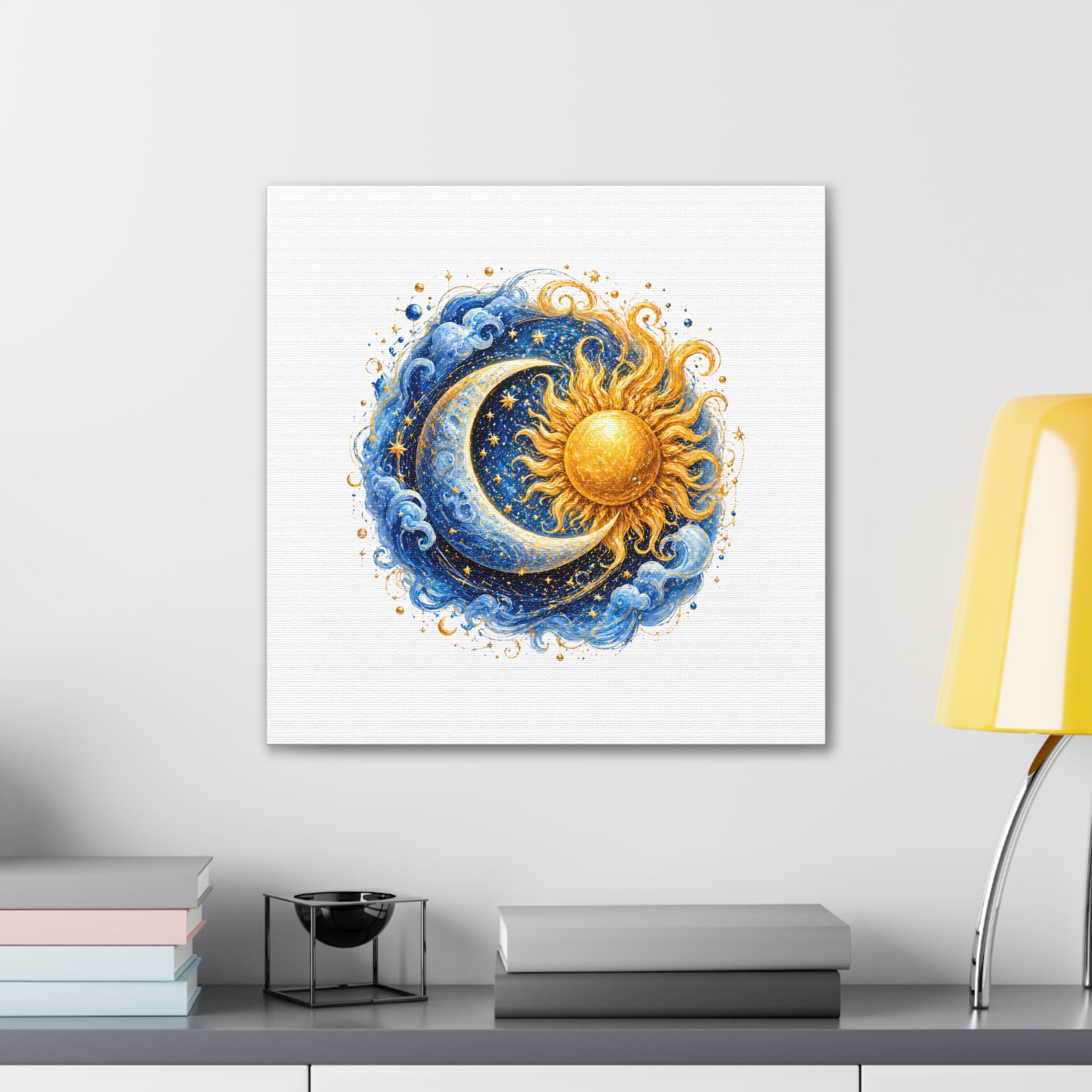 Sun and Moon Wall Art Canvas — Celestial Sun & Crescent Moon Stretched Canvas