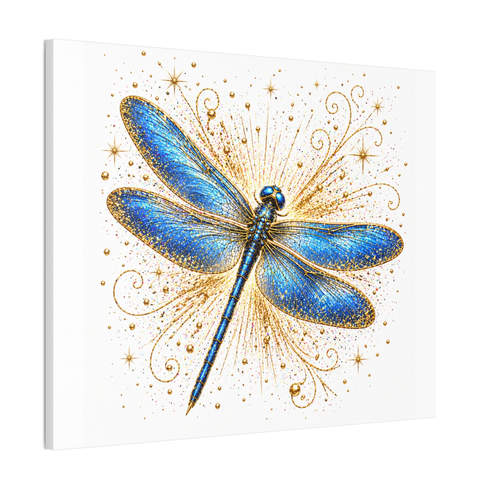 Blue Dragonfly Canvas Wall Art - Sparkling Gold Accents, Stretched 0.75"