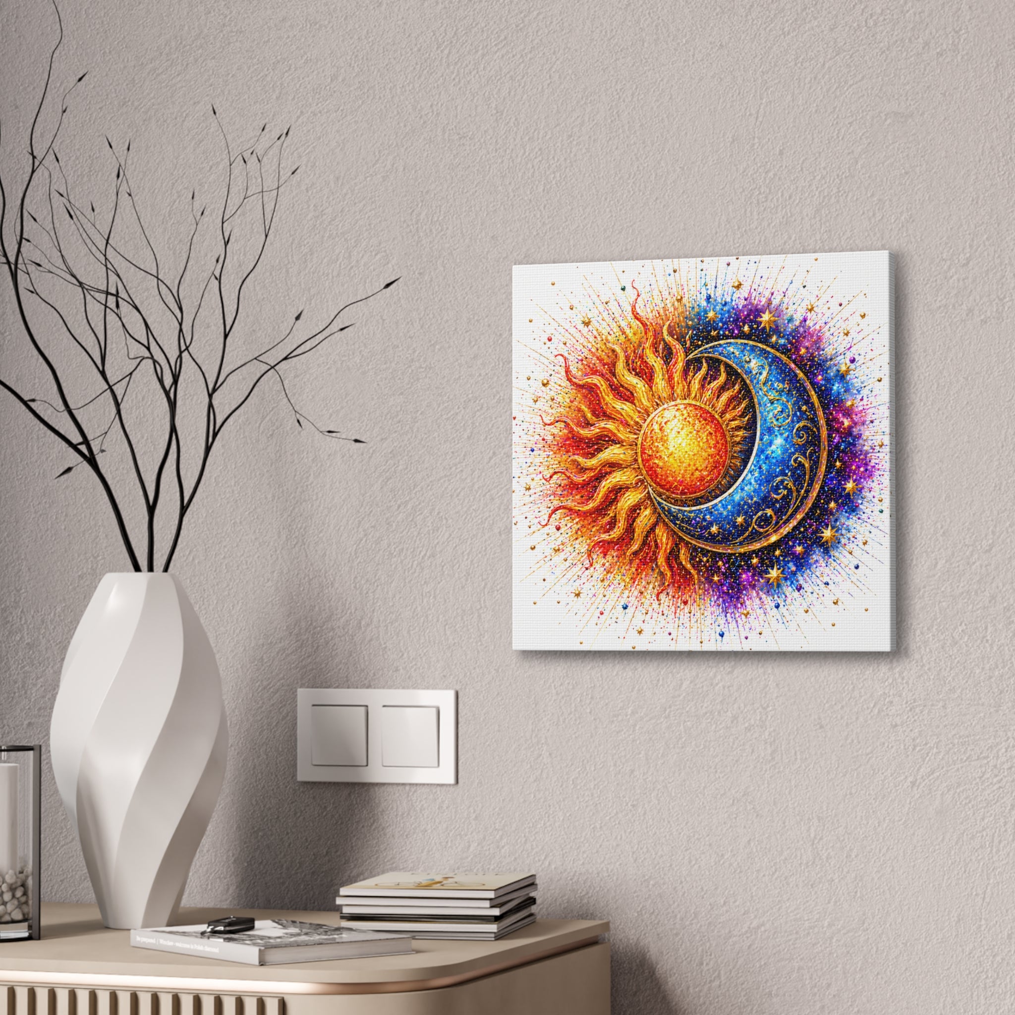 Sun and Moon Wall Art Canvas – Vibrant Celestial Sun & Crescent Moon Stretched Canvas