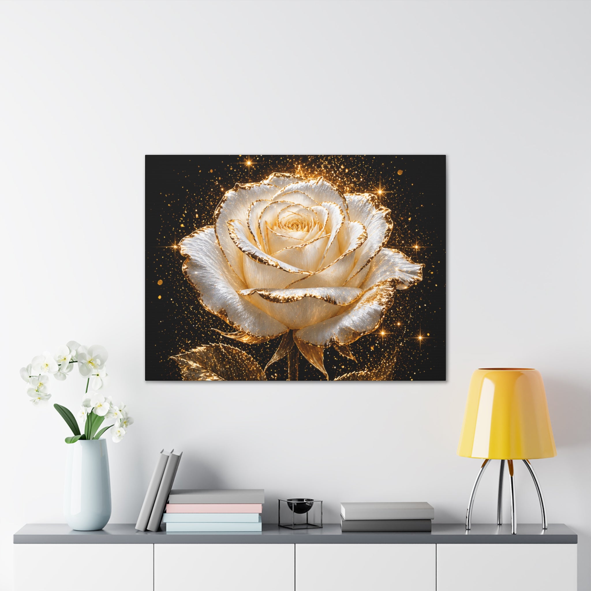Golden Sparkle Rose Canvas Print — Glam Floral Wall Art