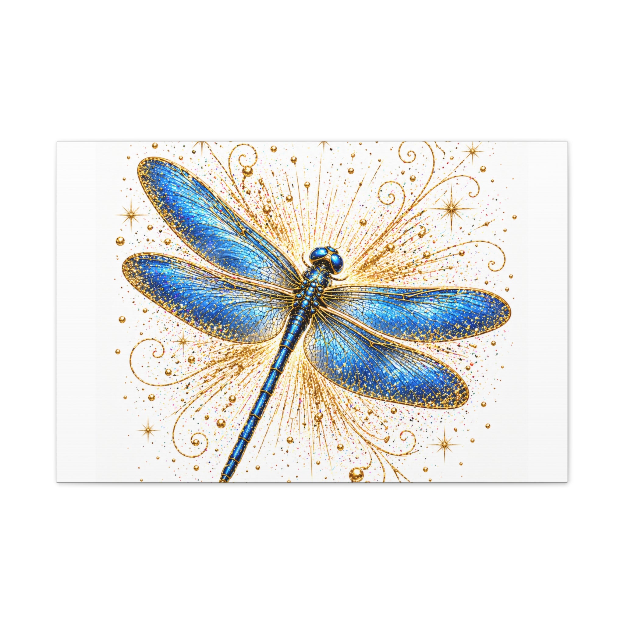 Blue Dragonfly Canvas Wall Art - Sparkling Gold Accents, Stretched 0.75"