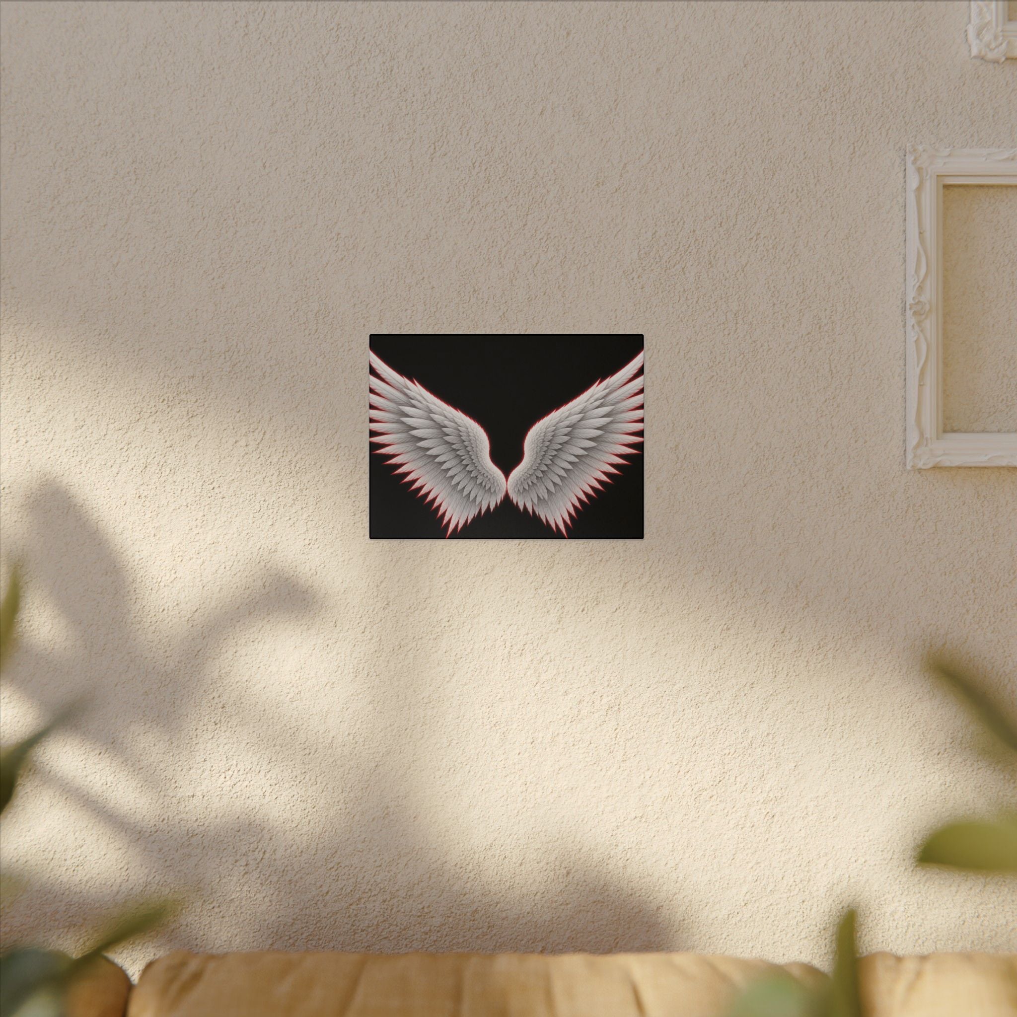 Angel Wings Wall Art Canvas — White Feather Wings on Black Matte Stretched Canvas