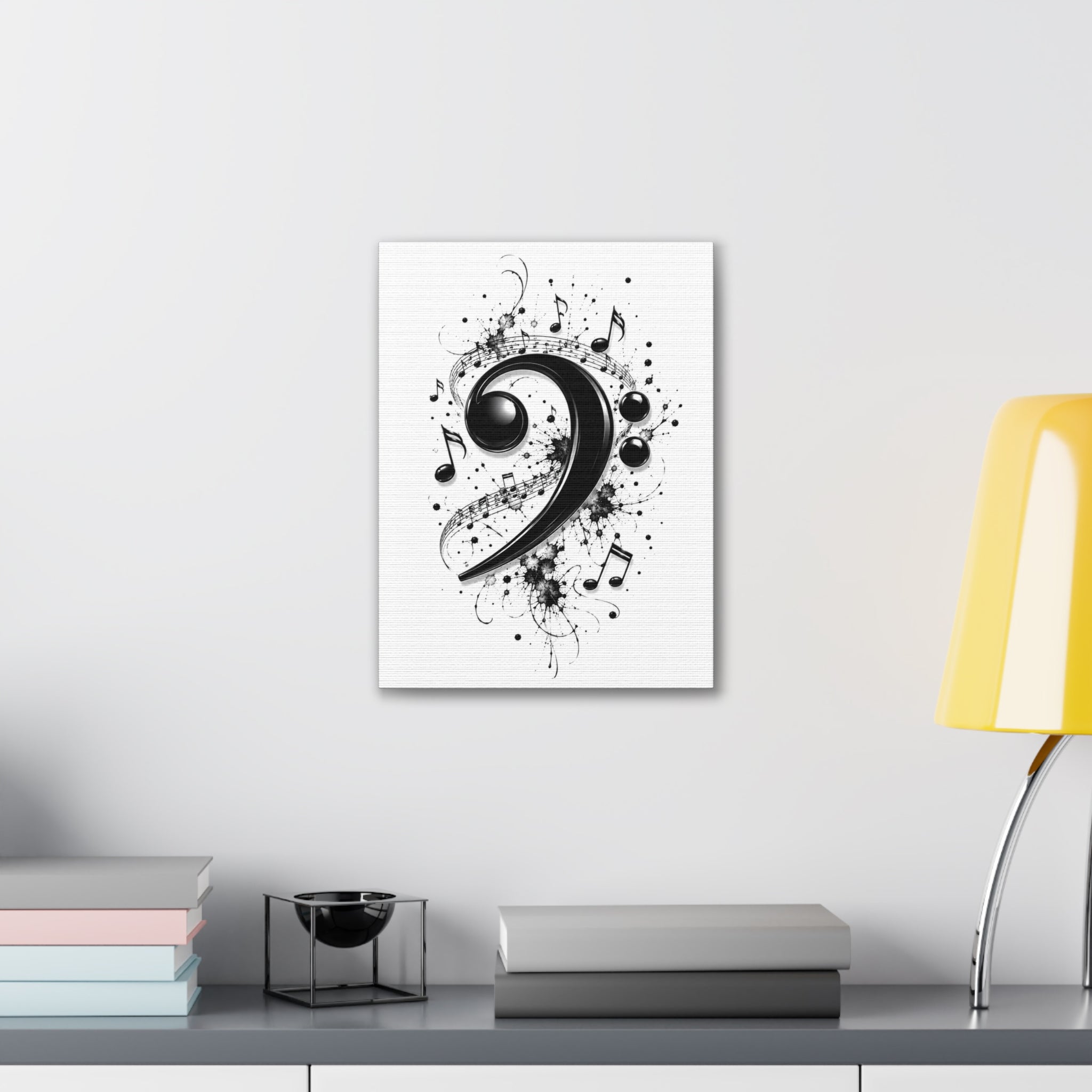 Bass Clef Music Canvas Wall Art — Black & White Musical Notes Print