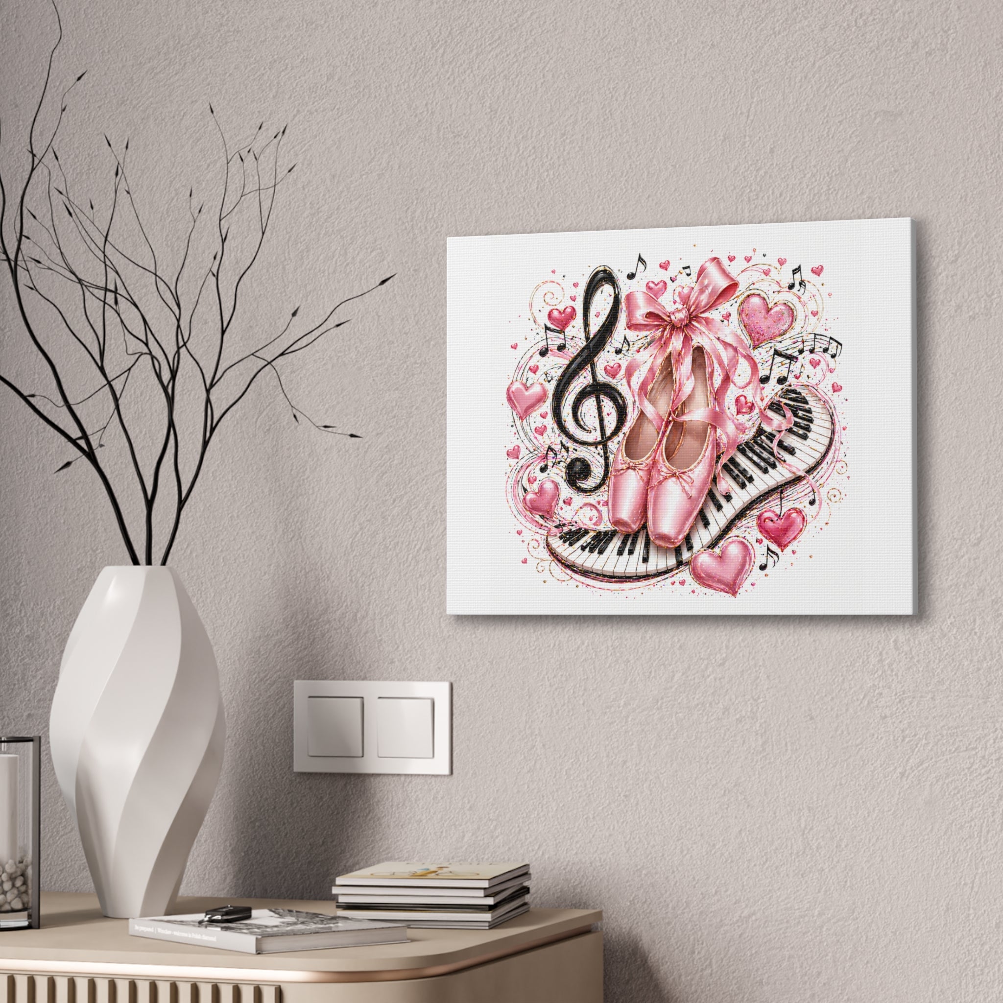 Ballet & Music Canvas Art — Pink Pointe Shoes, Piano Keys & Treble Clef Wall Decor