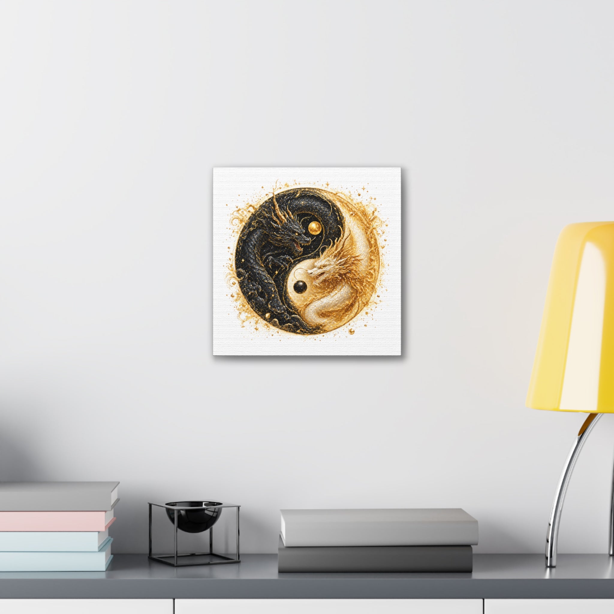 Yin Yang Dragon Canvas Print — Gold & Black Fantasy Wall Art