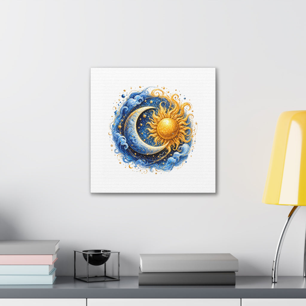 Sun and Moon Wall Art Canvas — Celestial Sun & Crescent Moon Stretched Canvas