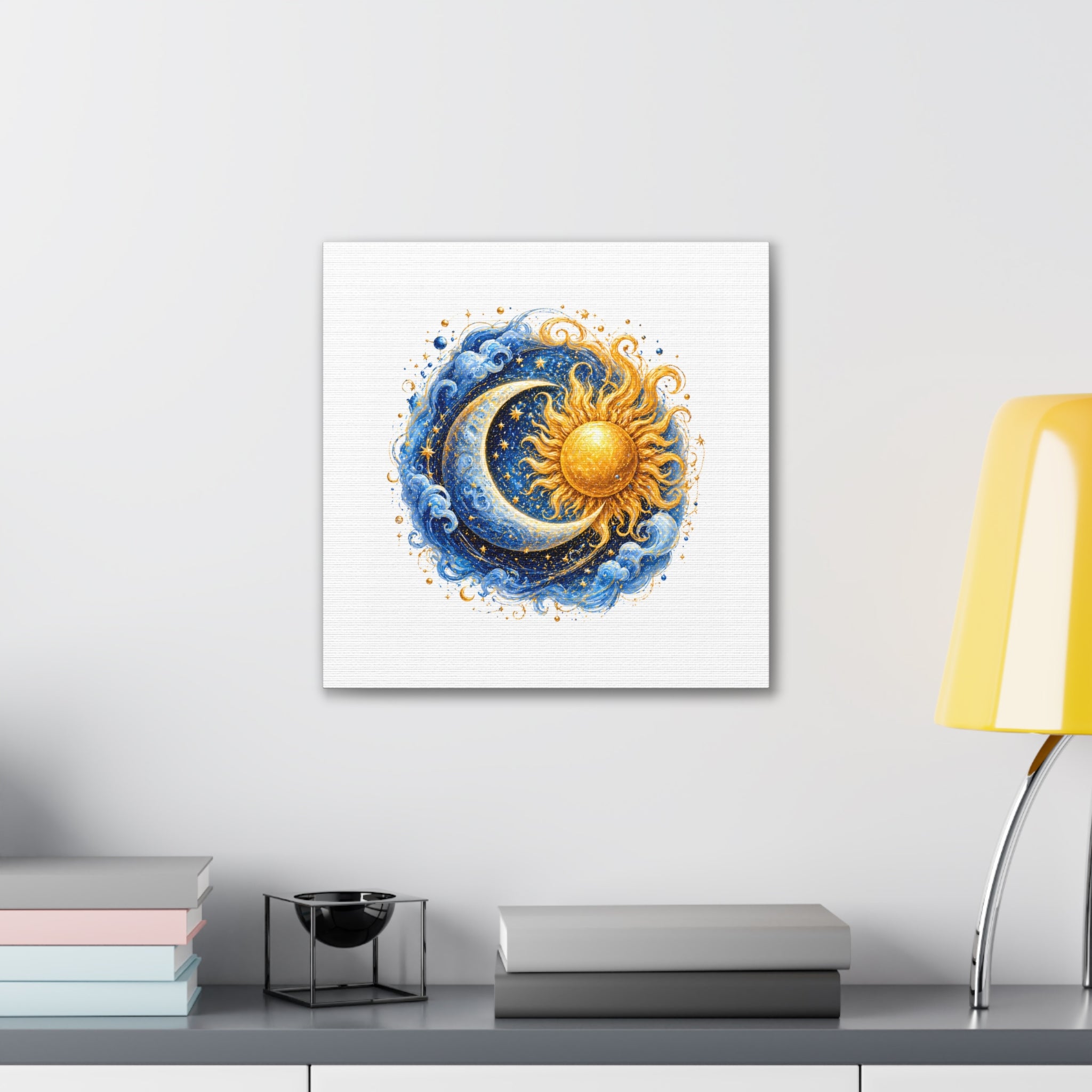 Sun and Moon Wall Art Canvas — Celestial Sun & Crescent Moon Stretched Canvas