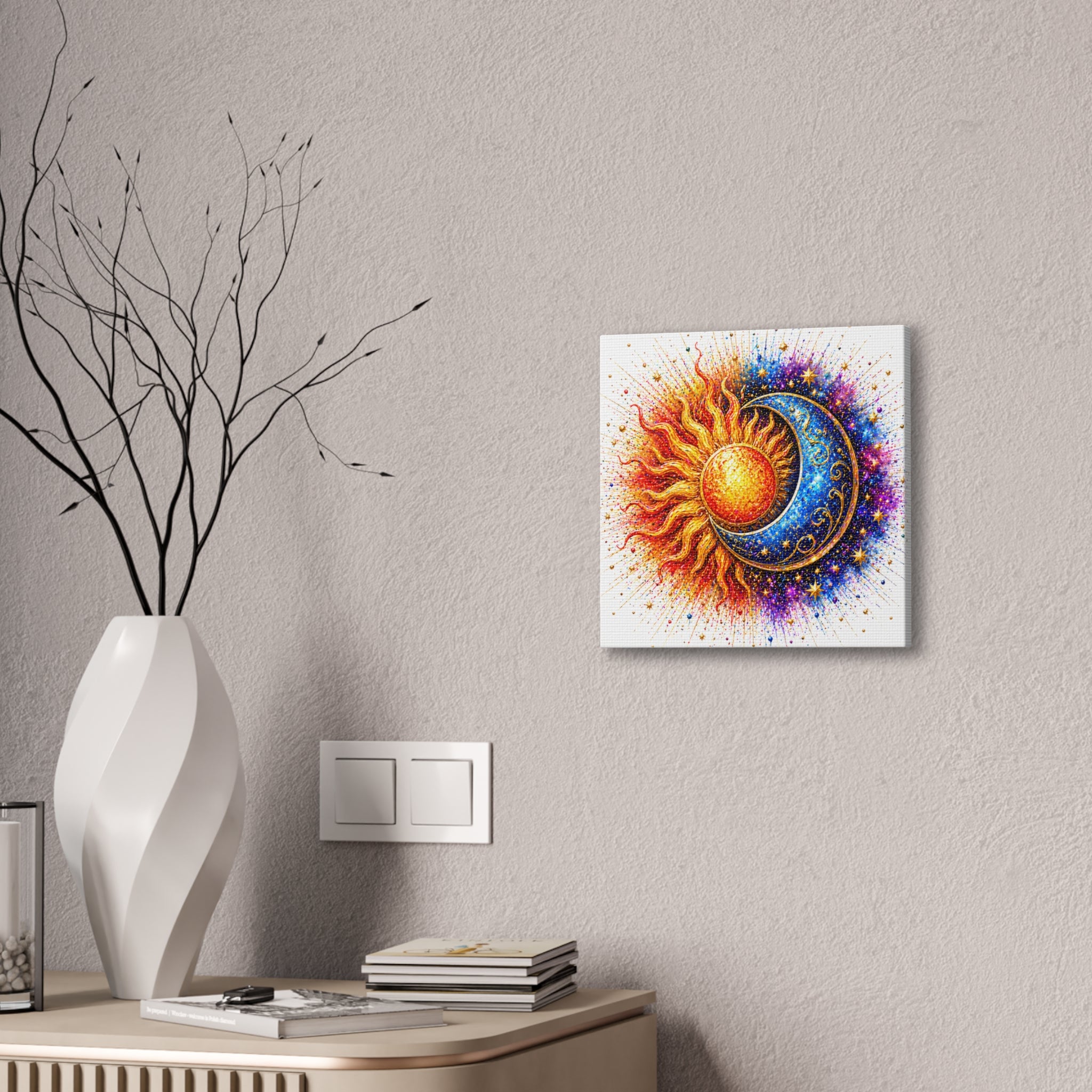 Sun and Moon Wall Art Canvas – Vibrant Celestial Sun & Crescent Moon Stretched Canvas