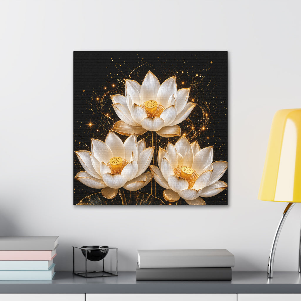 Gold and White Triple Lotus Floral Canvas Wall Art - Stretched 0.75"