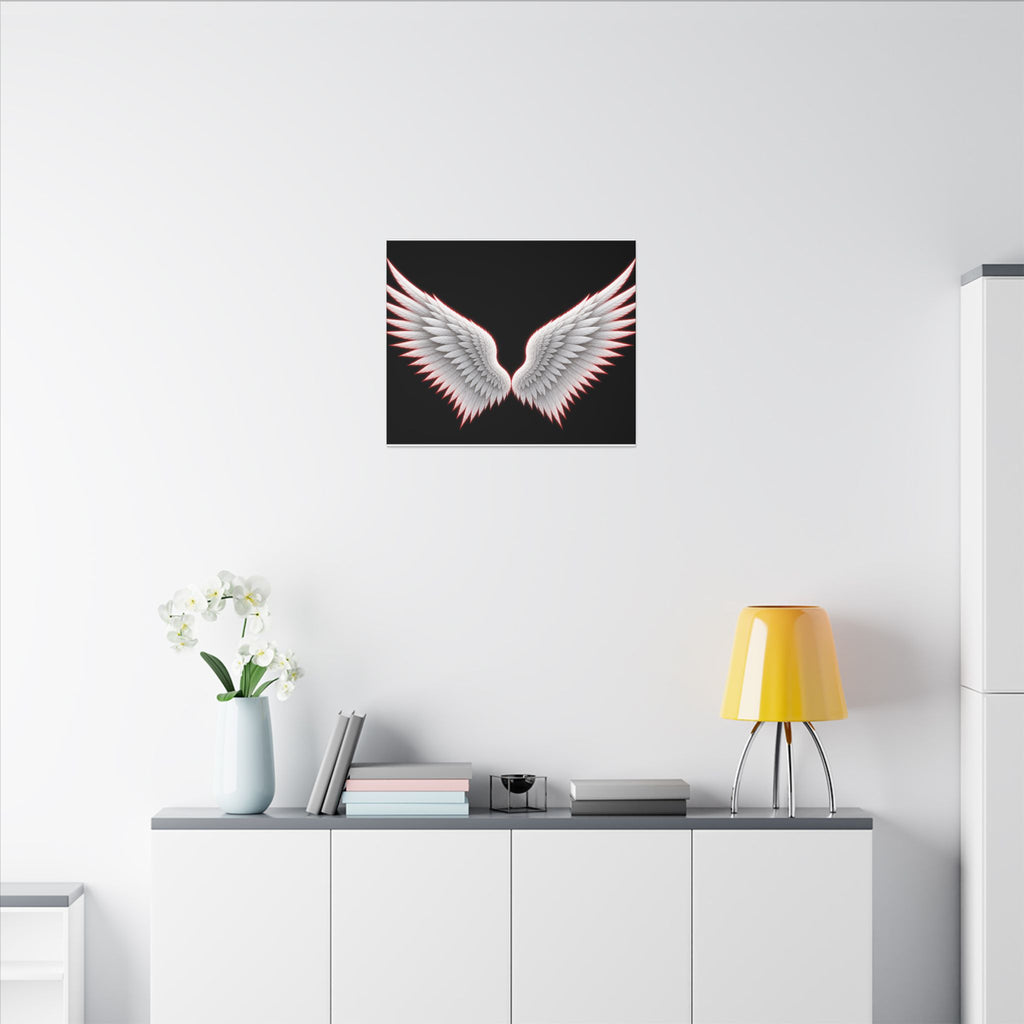 Angel Wings Wall Art Canvas — White Feather Wings on Black Matte Stretched Canvas