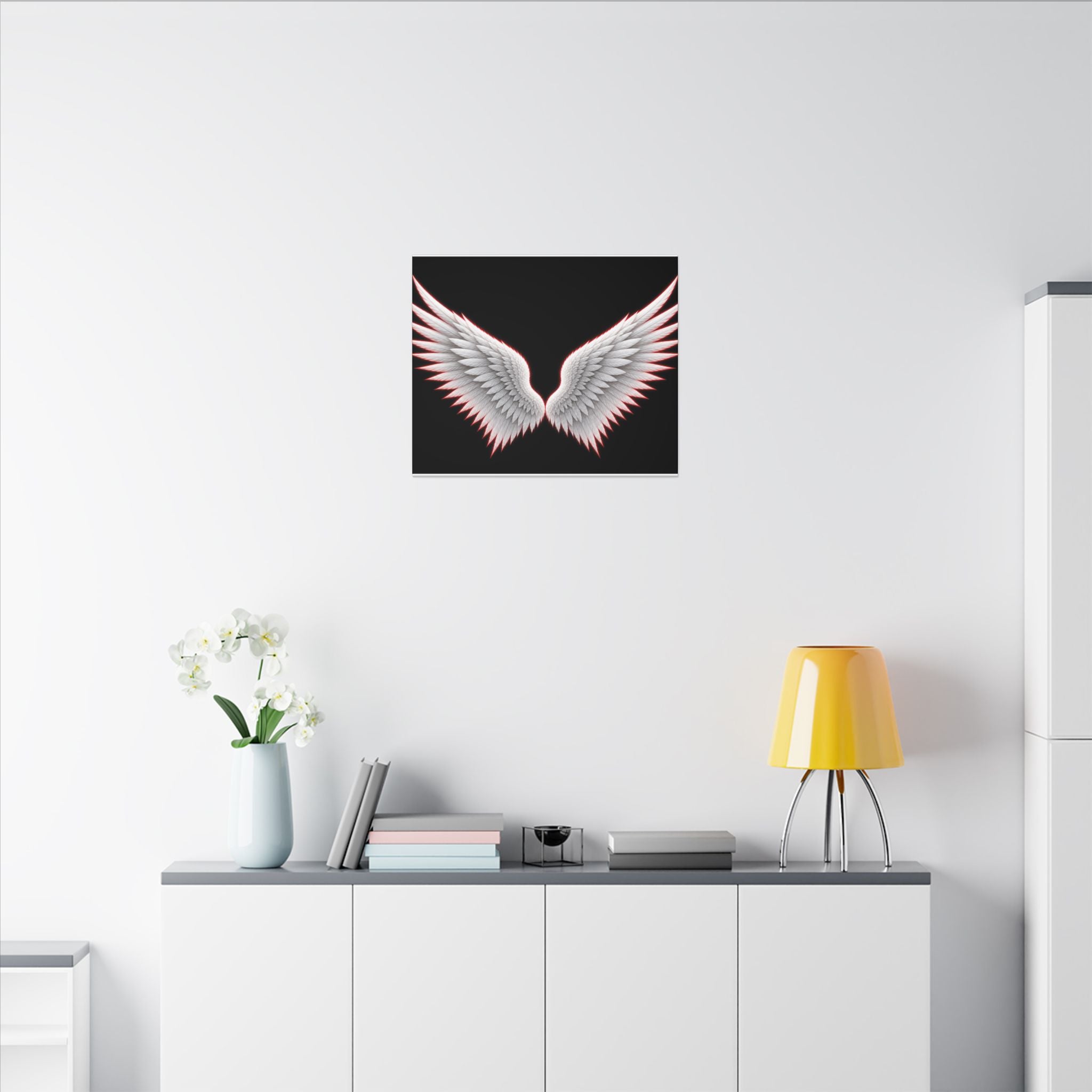 Angel Wings Wall Art Canvas — White Feather Wings on Black Matte Stretched Canvas