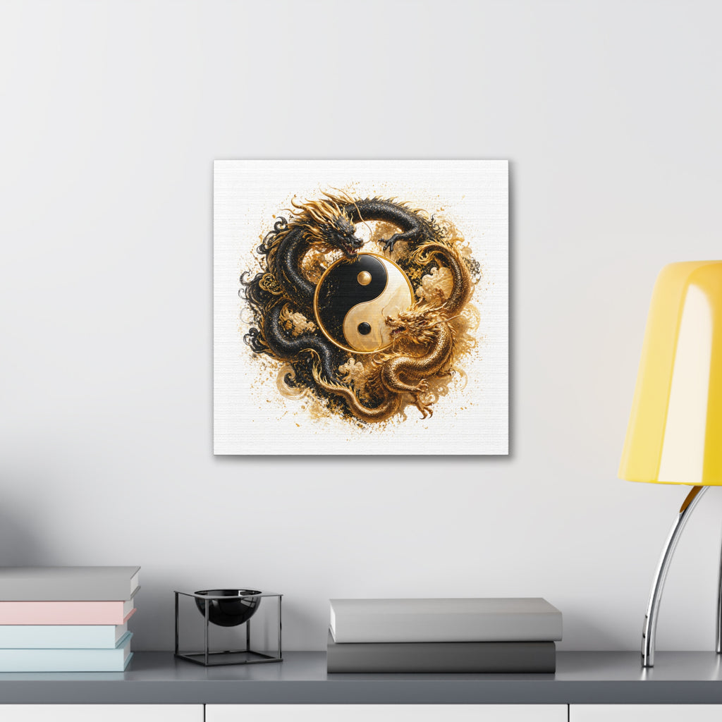 Yin Yang Dragons Canvas Wall Art — Gold & Black Chinese Dragon Print