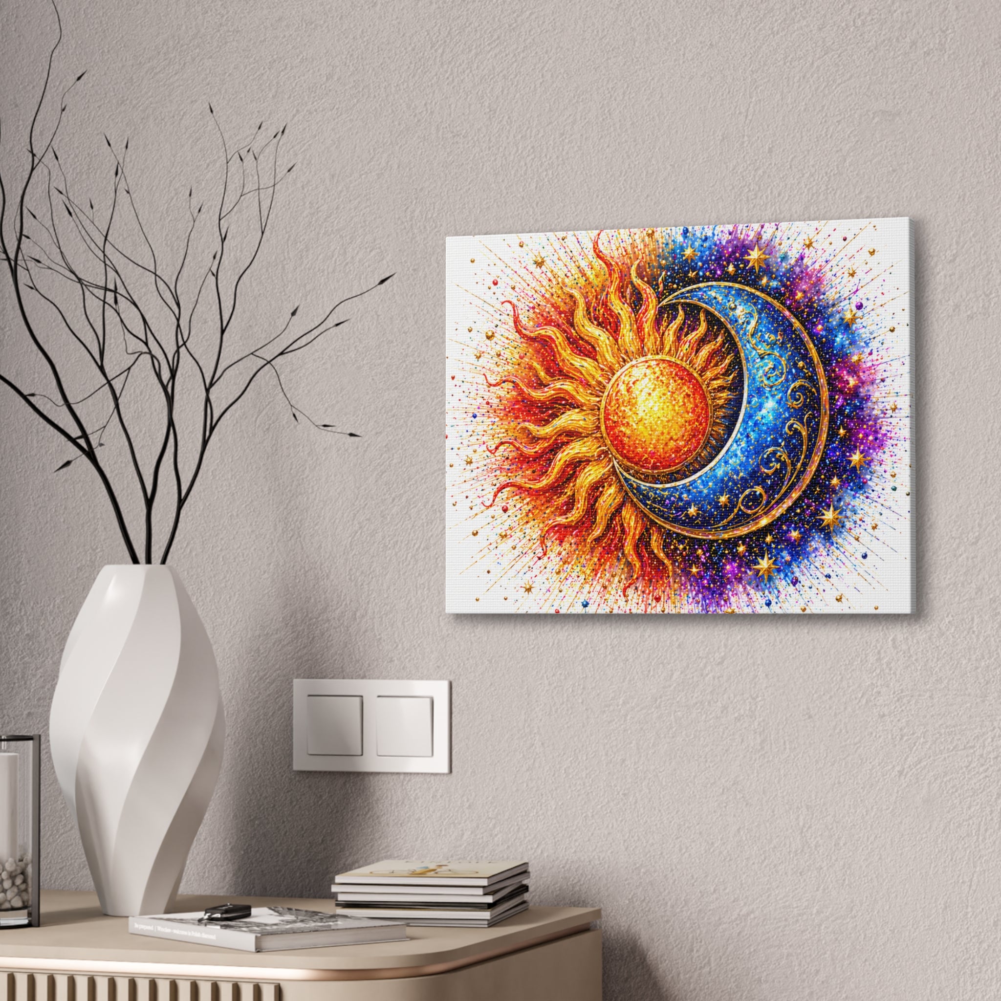 Sun and Moon Wall Art Canvas – Vibrant Celestial Sun & Crescent Moon Stretched Canvas