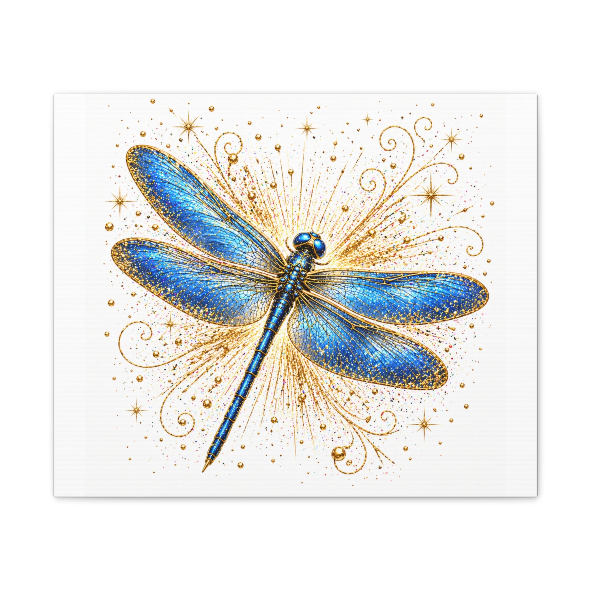 Blue Dragonfly Canvas Wall Art - Sparkling Gold Accents, Stretched 0.75"